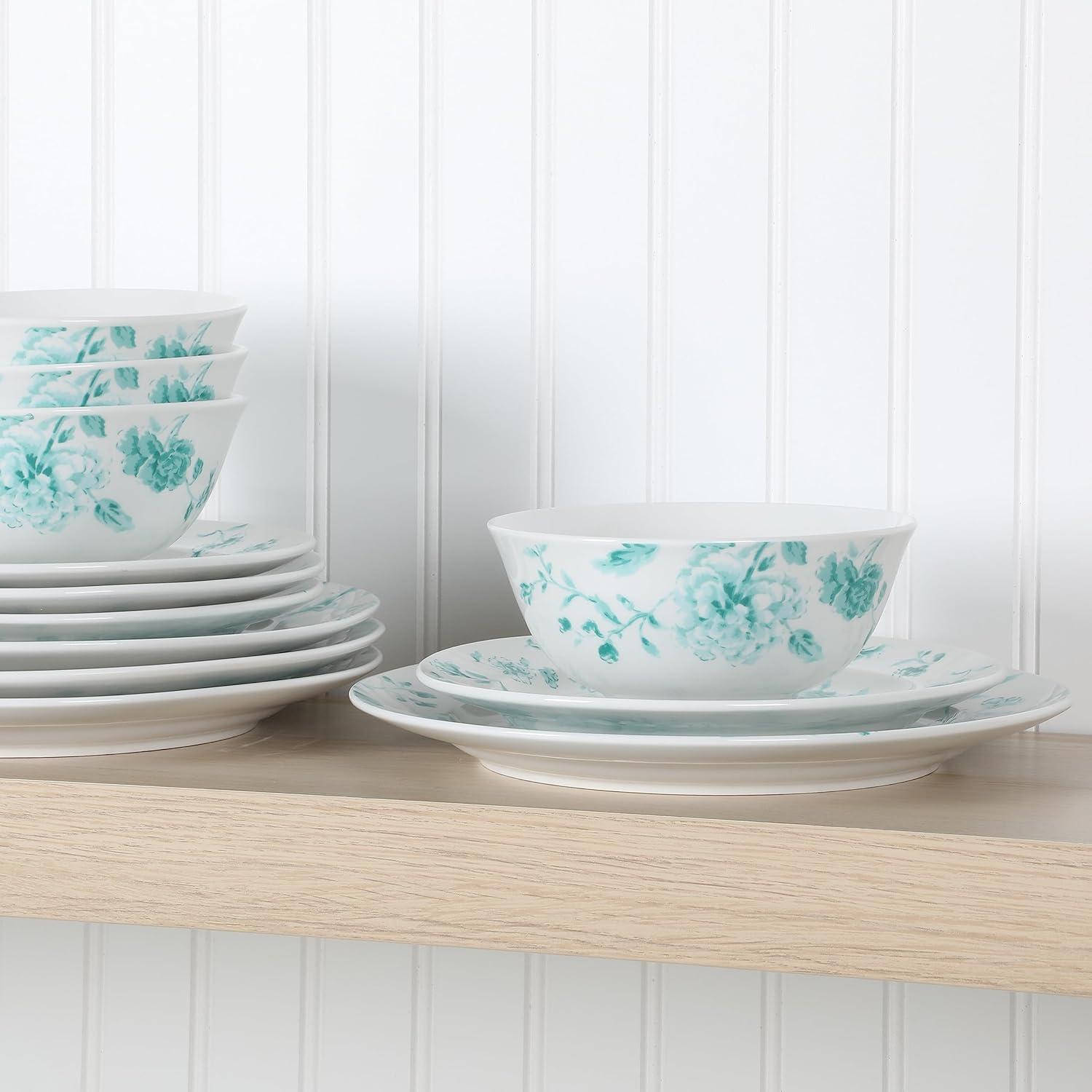 imageMartha Stewart Empress Bouquet 12Piece Decorated Porcelain Chip and Scratch Resistant Dinnerware Plates and Bowls Set Teal Floral