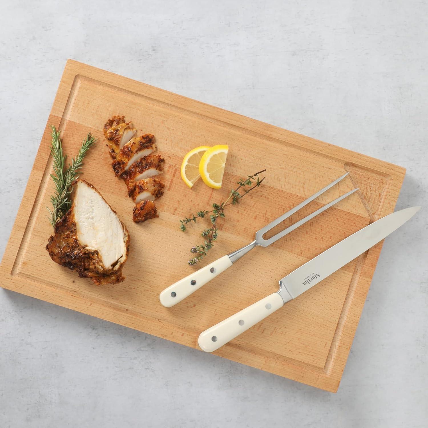 imageMartha Stewart Goswell 3pc Set w 8 Triple Riveted Stainless Steel Carving Knife 6 Triple Riveted Stainless Steel Carving Fork wBeech Wood Cutting and Serving BoardLinen