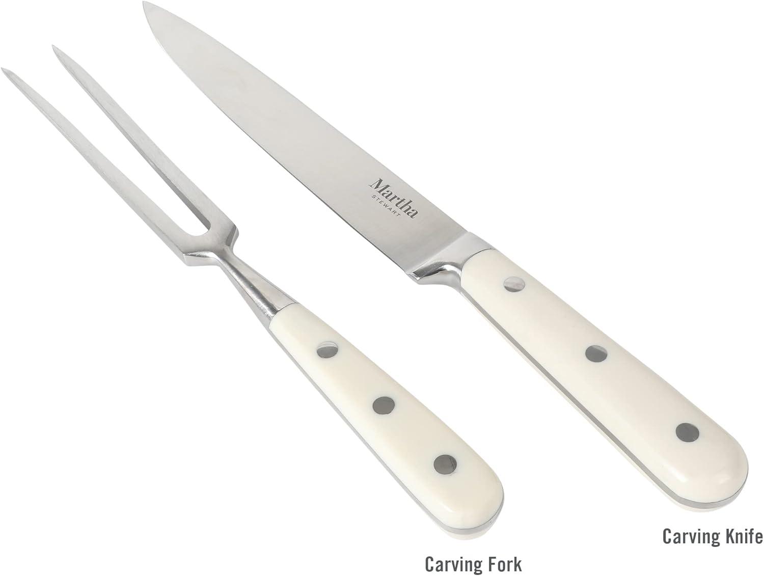 imageMartha Stewart Goswell 3pc Set w 8 Triple Riveted Stainless Steel Carving Knife 6 Triple Riveted Stainless Steel Carving Fork wBeech Wood Cutting and Serving BoardLinen