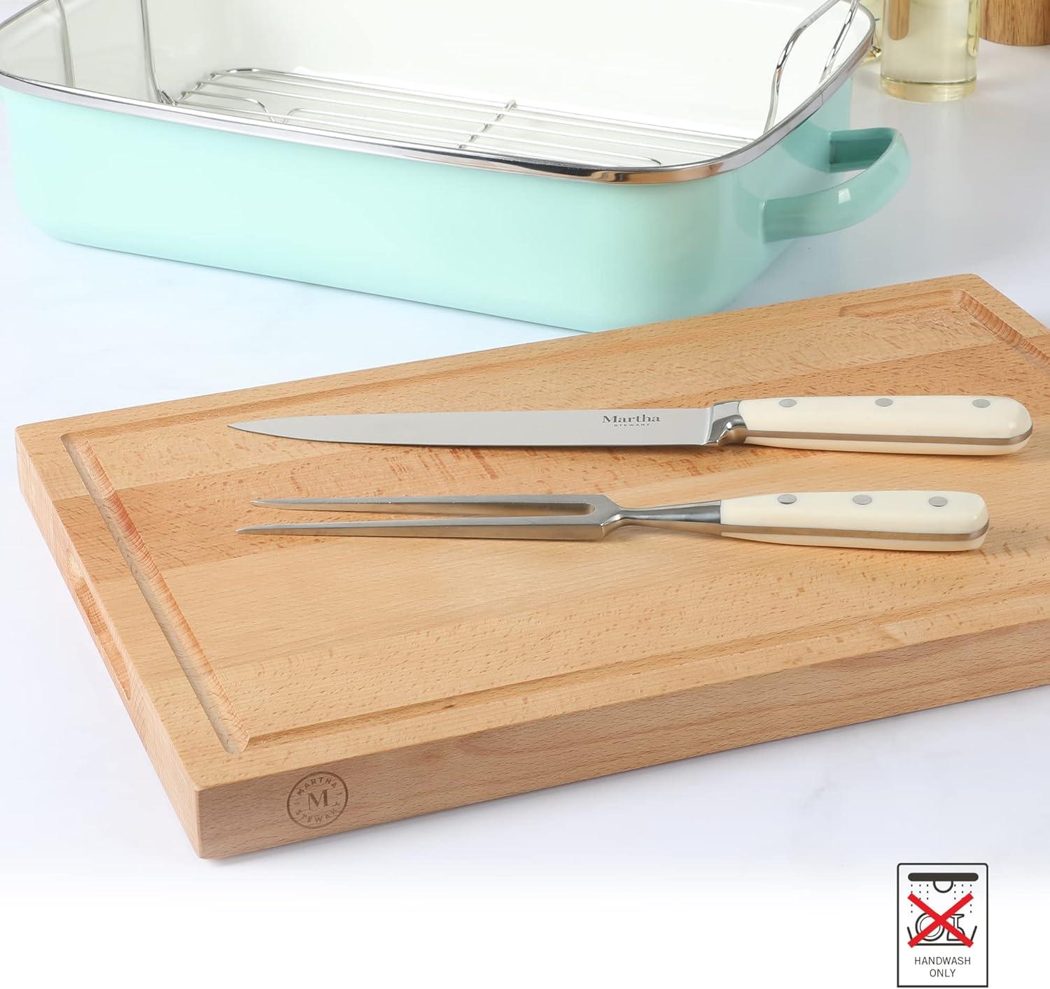 imageMartha Stewart Goswell 3pc Set w 8 Triple Riveted Stainless Steel Carving Knife 6 Triple Riveted Stainless Steel Carving Fork wBeech Wood Cutting and Serving BoardLinen