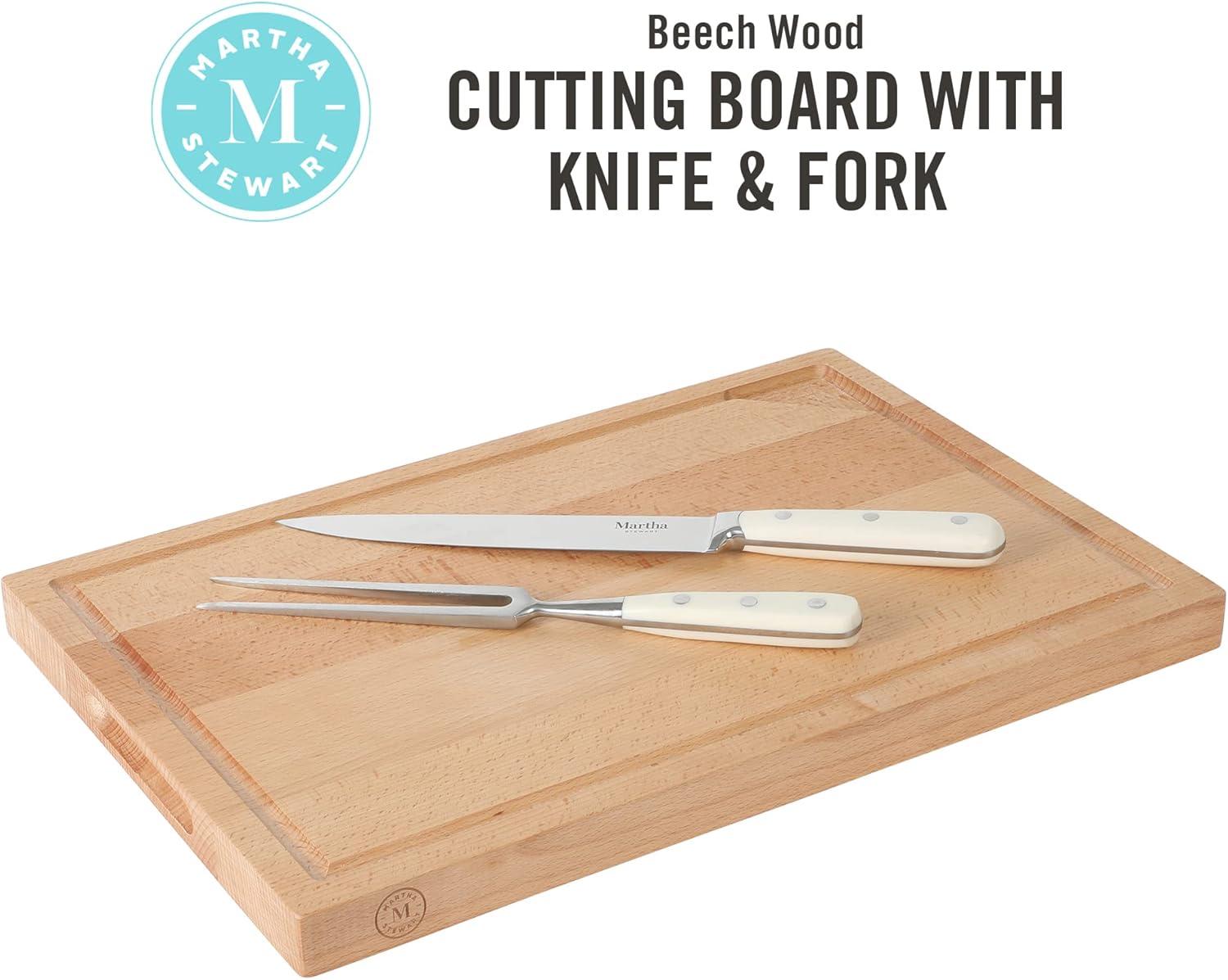 imageMartha Stewart Goswell 3pc Set w 8 Triple Riveted Stainless Steel Carving Knife 6 Triple Riveted Stainless Steel Carving Fork wBeech Wood Cutting and Serving BoardLinen