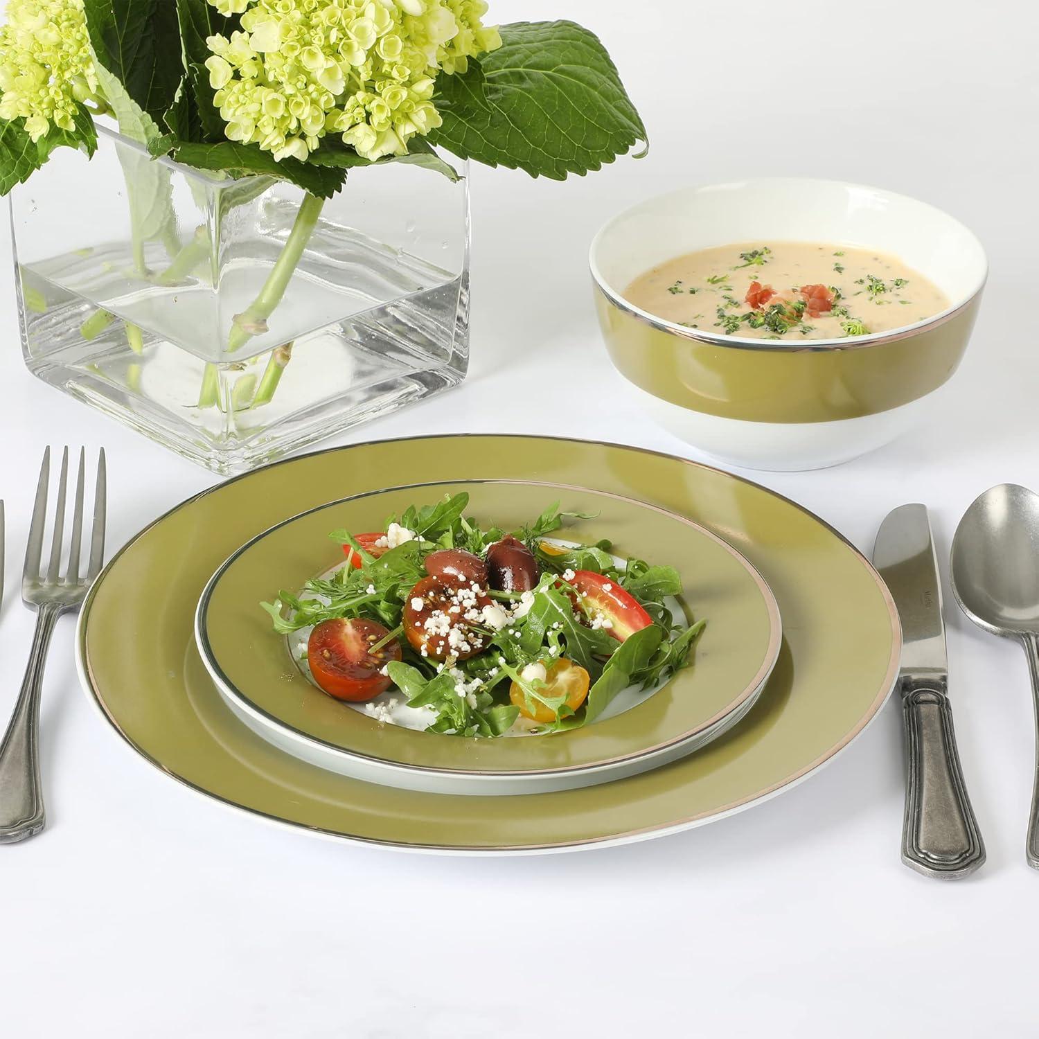 imageMartha Stewart Gracie Lane High Fired Porcelain Chip and Scratch Resistant Plates and Bowls Set White wGold Band Service for 4Olive Green w Gold Rim
