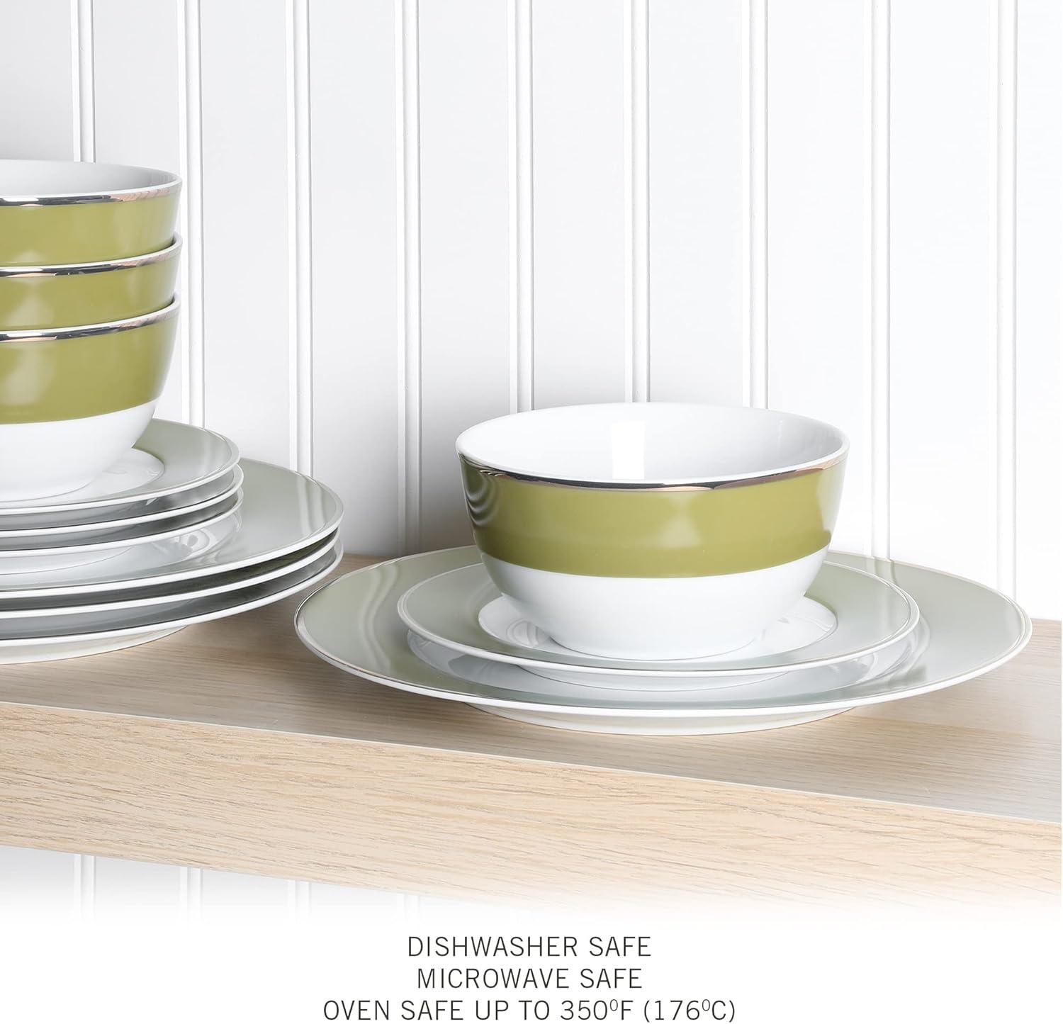 imageMartha Stewart Gracie Lane High Fired Porcelain Chip and Scratch Resistant Plates and Bowls Set White wGold Band Service for 4Olive Green w Gold Rim