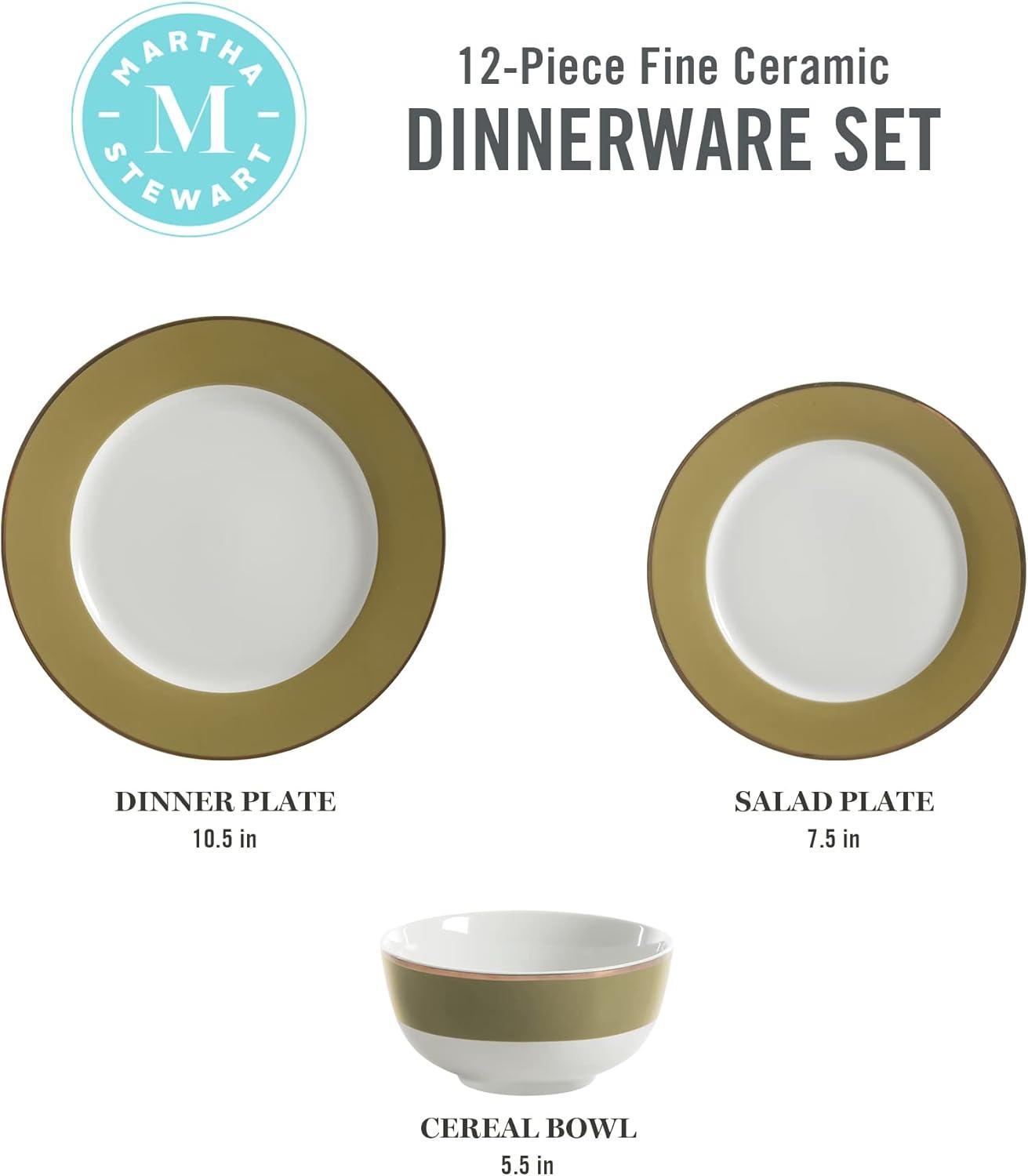 imageMartha Stewart Gracie Lane High Fired Porcelain Chip and Scratch Resistant Plates and Bowls Set White wGold Band Service for 4Olive Green w Gold Rim