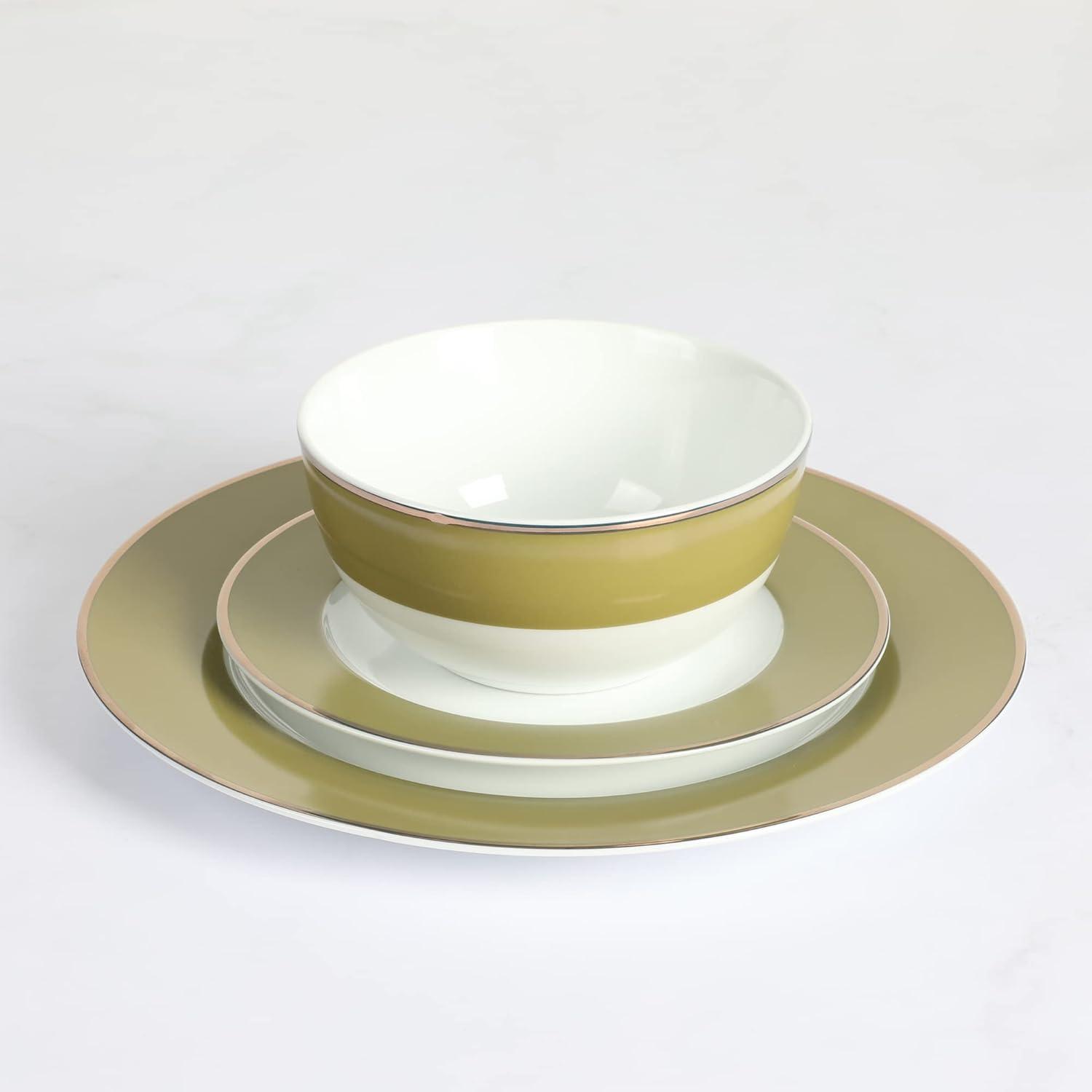 imageMartha Stewart Gracie Lane High Fired Porcelain Chip and Scratch Resistant Plates and Bowls Set White wGold Band Service for 4Olive Green w Gold Rim