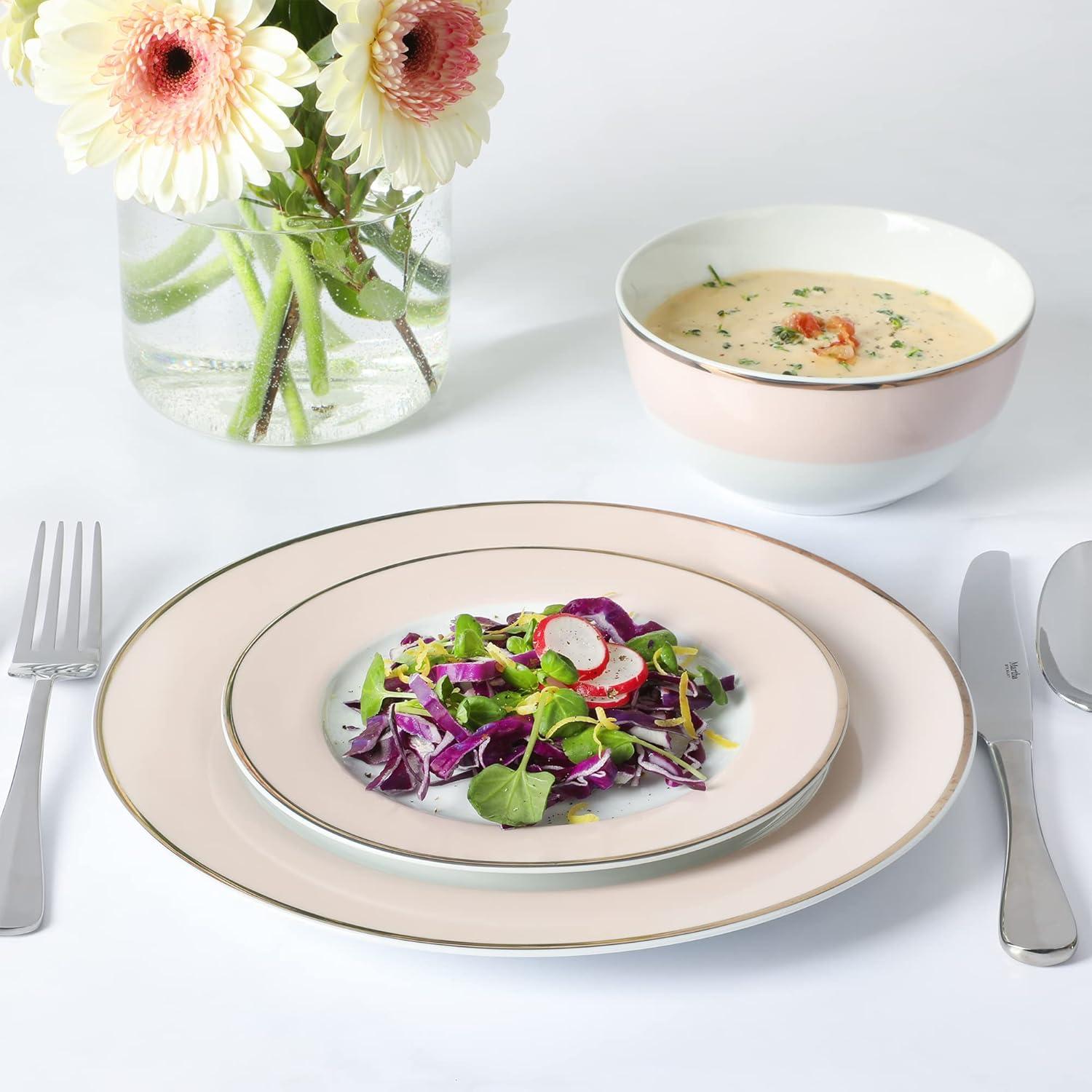 imageMartha Stewart Gracie Lane High Fired Porcelain Chip and Scratch Resistant Plates and Bowls Set White wGold Band Service for 4Pink w Gold Rim
