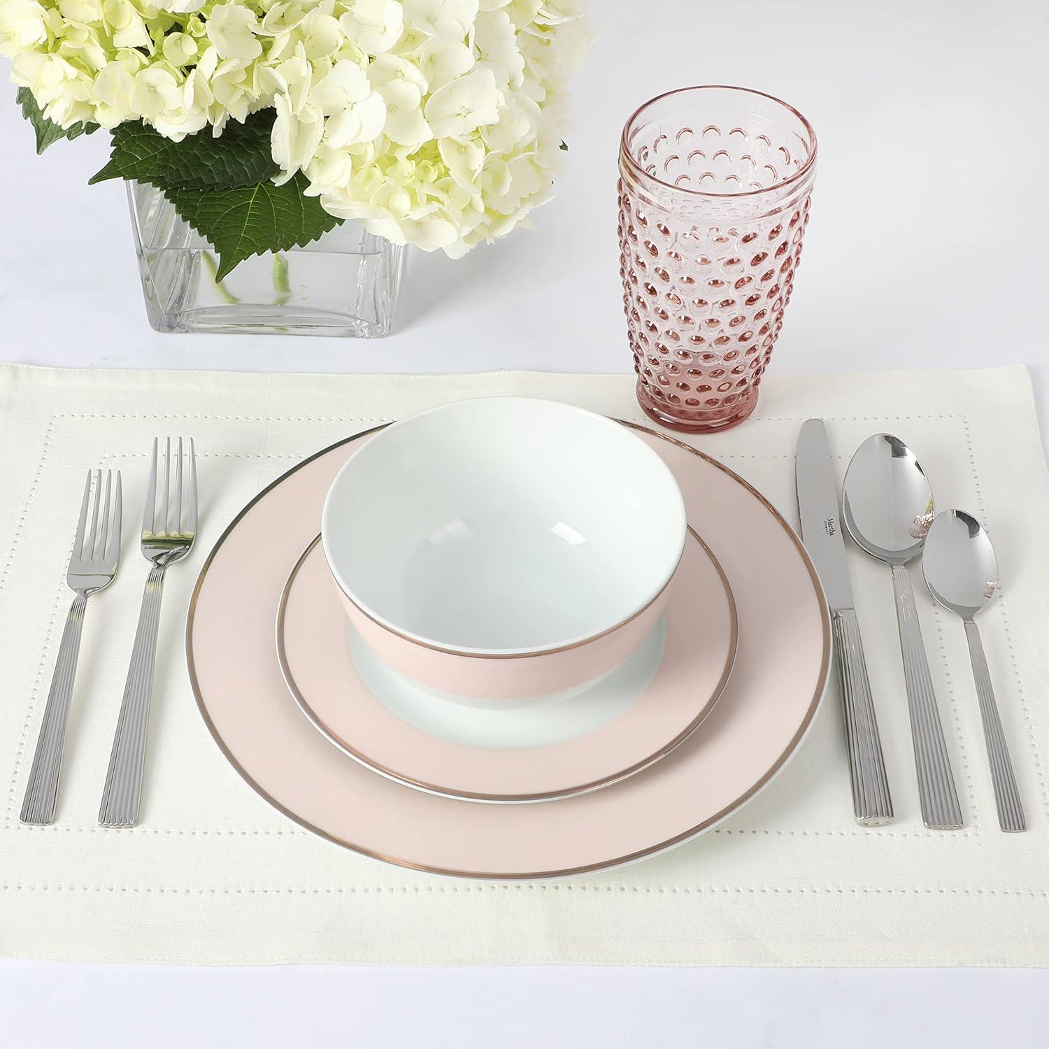 imageMartha Stewart Gracie Lane High Fired Porcelain Chip and Scratch Resistant Plates and Bowls Set White wGold Band Service for 4Pink w Gold Rim