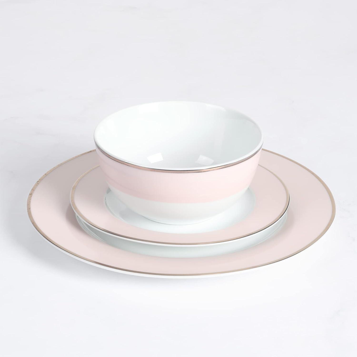 imageMartha Stewart Gracie Lane High Fired Porcelain Chip and Scratch Resistant Plates and Bowls Set White wGold Band Service for 4Pink w Gold Rim