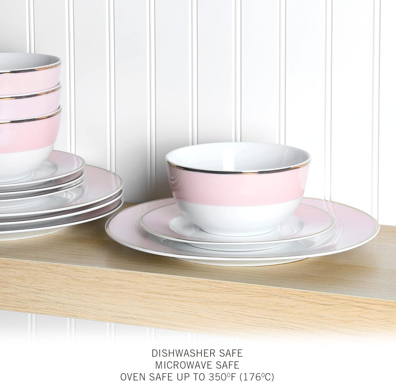 imageMartha Stewart Gracie Lane High Fired Porcelain Chip and Scratch Resistant Plates and Bowls Set White wGold Band Service for 4Pink w Gold Rim