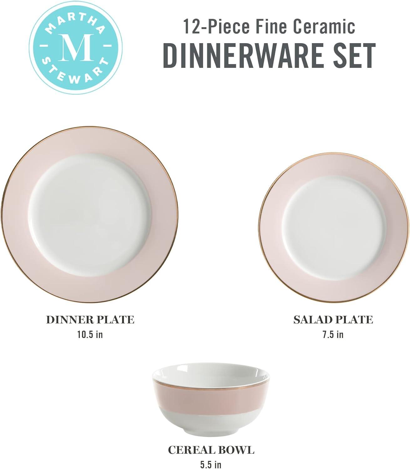 imageMartha Stewart Gracie Lane High Fired Porcelain Chip and Scratch Resistant Plates and Bowls Set White wGold Band Service for 4Pink w Gold Rim