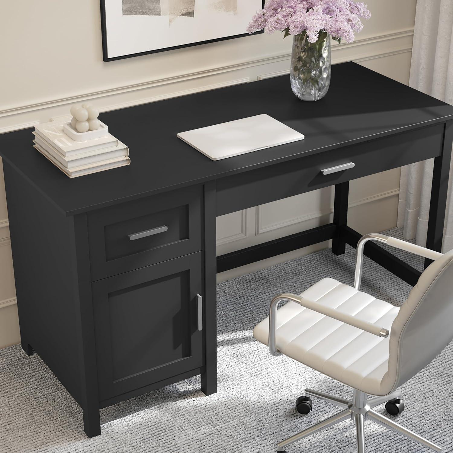 imageMartha Stewart Hutton Shaker Style Home Office Desk with Storage in Gray with Brushed Nickel HardwareBlack FrameBrushed Nickel Hardware