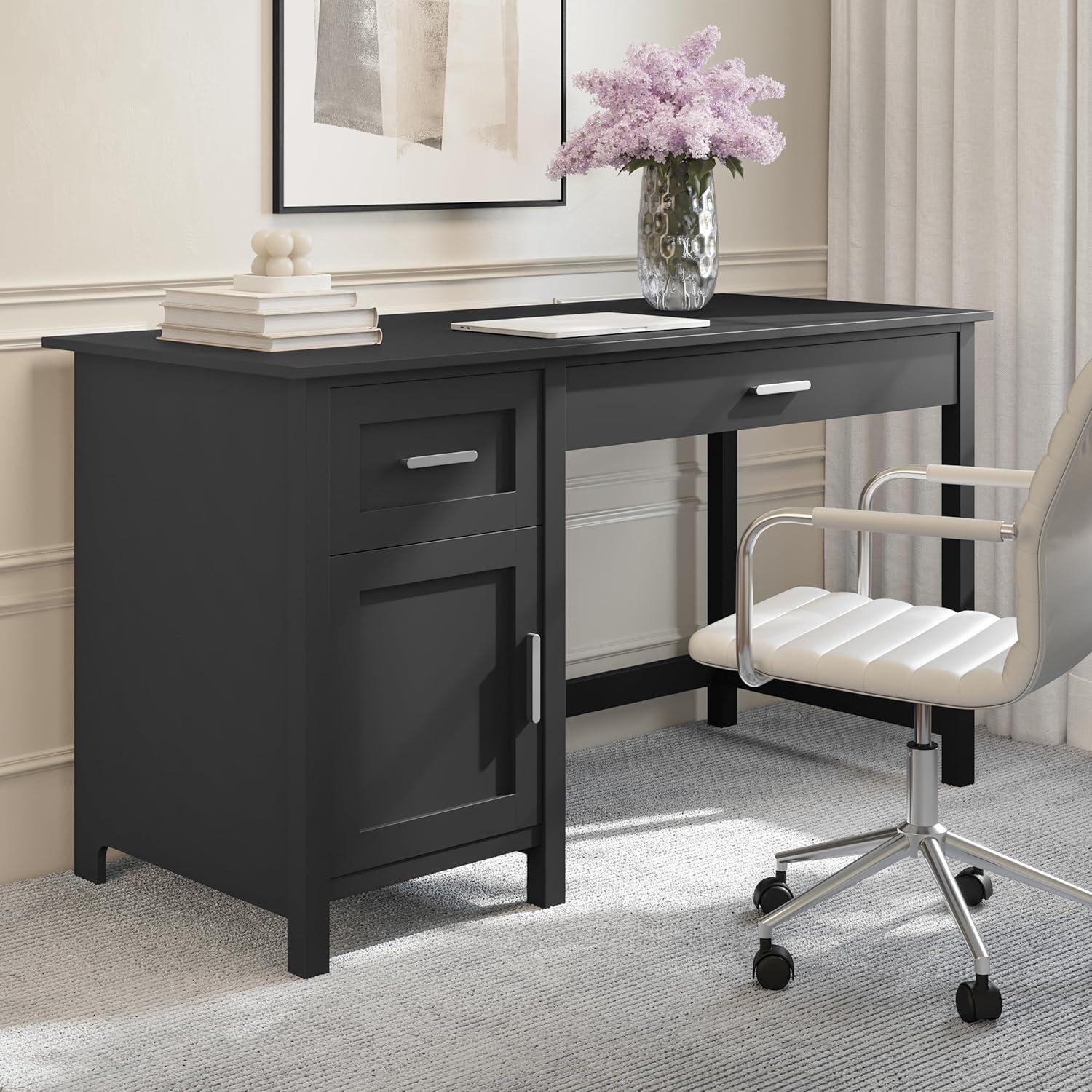 imageMartha Stewart Hutton Shaker Style Home Office Desk with Storage in Gray with Brushed Nickel HardwareBlack FrameBrushed Nickel Hardware