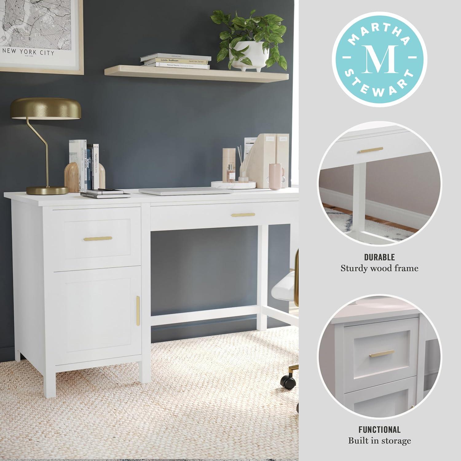 imageMartha Stewart Hutton Shaker Style Home Office Desk with Storage in Gray with Brushed Nickel HardwareWhitePolished Brass
