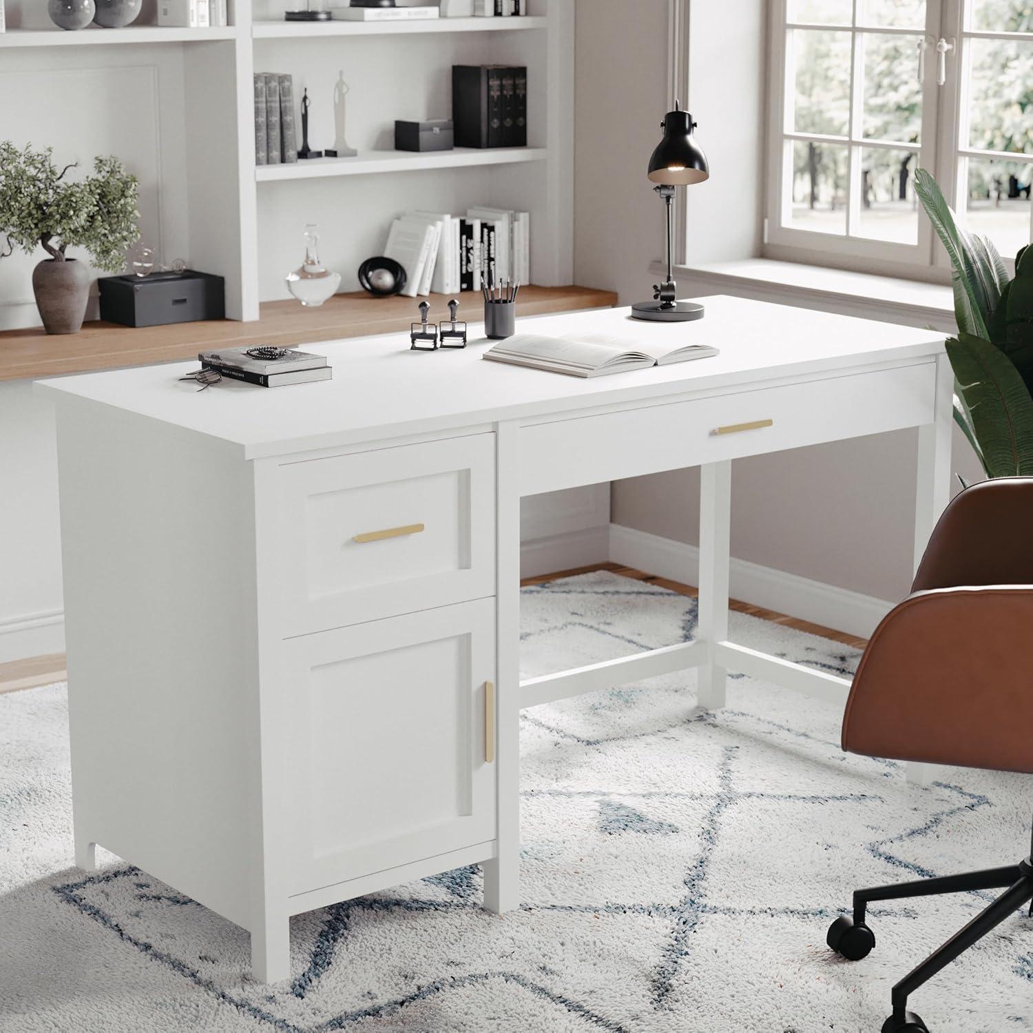 imageMartha Stewart Hutton Shaker Style Home Office Desk with Storage in Gray with Brushed Nickel HardwareWhitePolished Brass