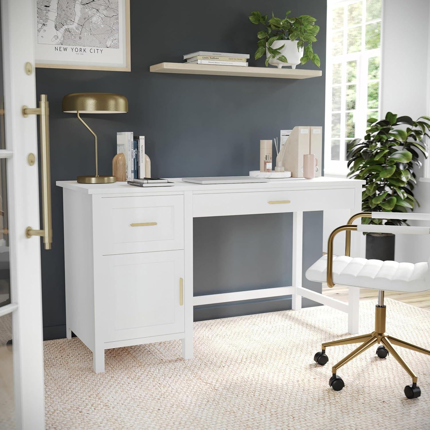 imageMartha Stewart Hutton Shaker Style Home Office Desk with Storage in Gray with Brushed Nickel HardwareWhitePolished Brass