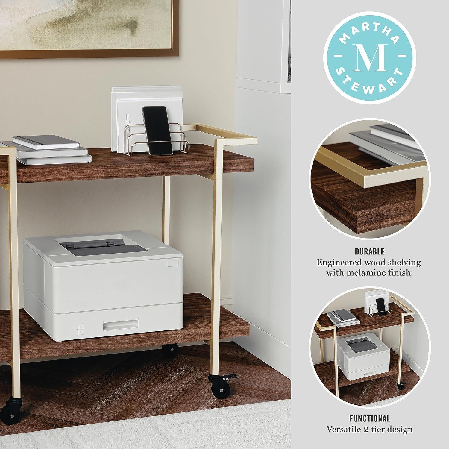 imageMartha Stewart Liam 2Tier Mobile Office Storage and Printer Cart in White with Polished Brass FrameWalnutPolished Brass Frame
