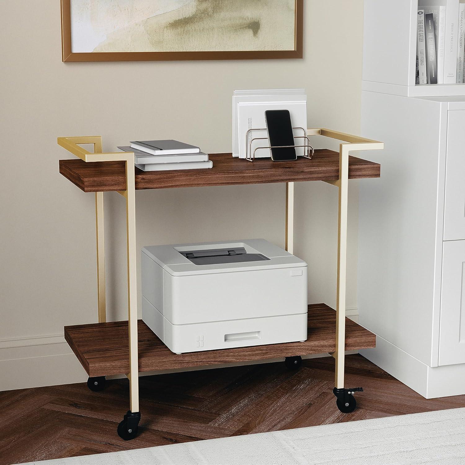 imageMartha Stewart Liam 2Tier Mobile Office Storage and Printer Cart in White with Polished Brass FrameWalnutPolished Brass Frame