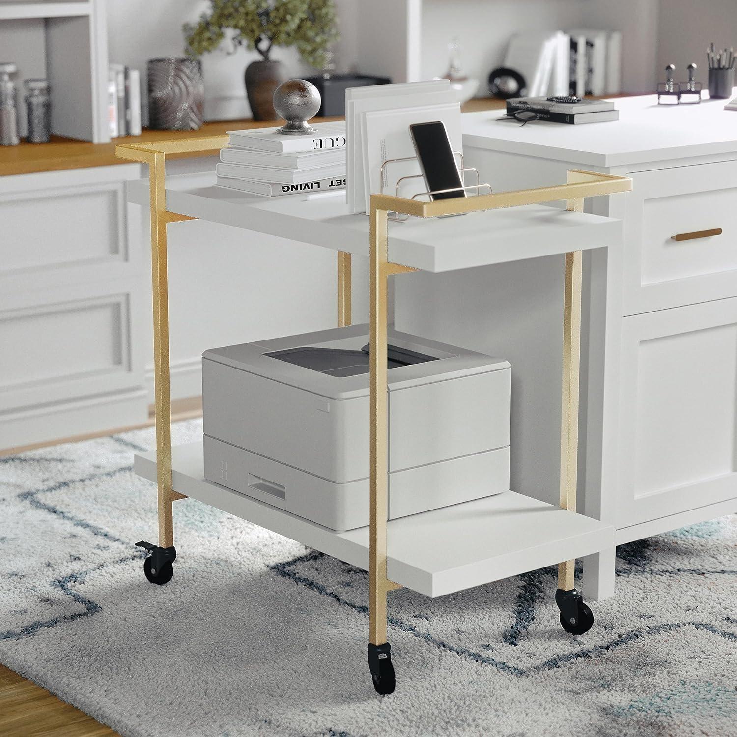 imageMartha Stewart Liam 2Tier Mobile Office Storage and Printer Cart in White with Polished Brass FrameWhitePolished Brass Frame