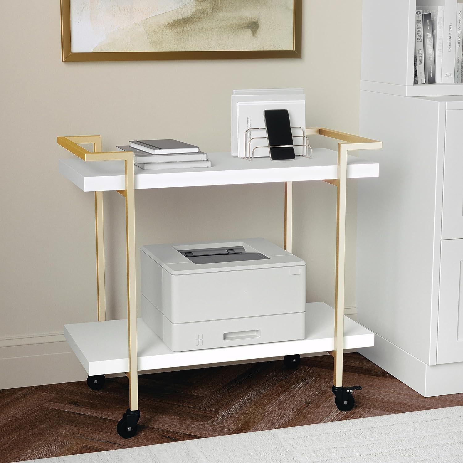 imageMartha Stewart Liam 2Tier Mobile Office Storage and Printer Cart in White with Polished Brass FrameWhitePolished Brass Frame
