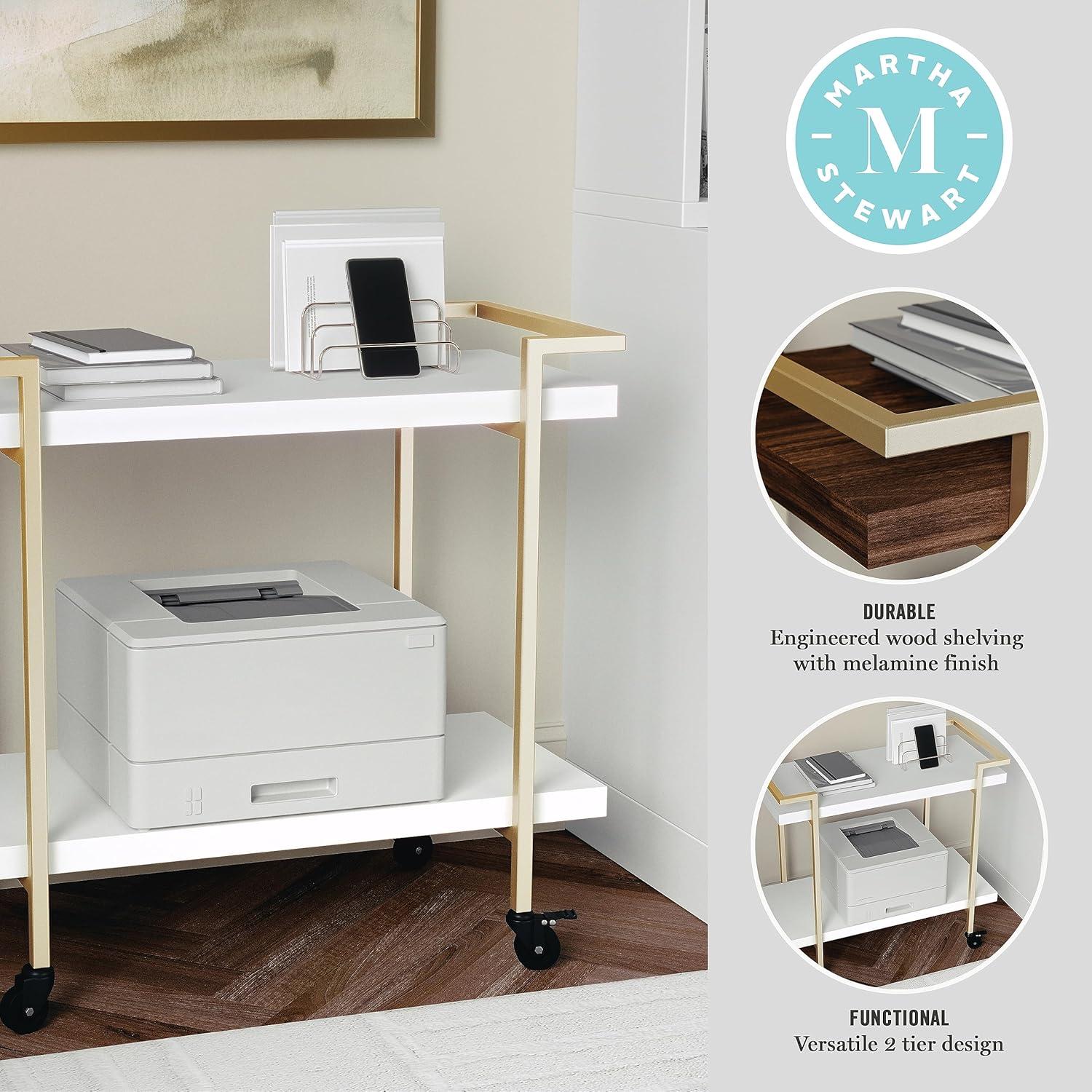 imageMartha Stewart Liam 2Tier Mobile Office Storage and Printer Cart in White with Polished Brass FrameWhitePolished Brass Frame