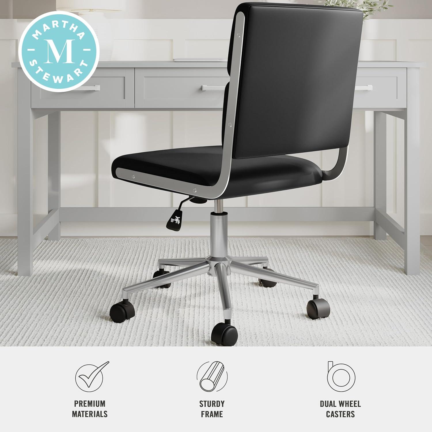 imageMartha Stewart Lulu Swivel Task Chair with Height Adjustable Seat for Home Office in Off White Faux Leather with Polished Brass FrameBlack Faux LeatherPolished Nickel Frame