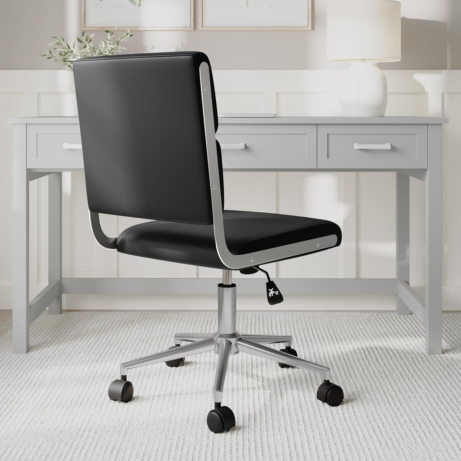imageMartha Stewart Lulu Swivel Task Chair with Height Adjustable Seat for Home Office in Off White Faux Leather with Polished Brass FrameBlack Faux LeatherPolished Nickel Frame