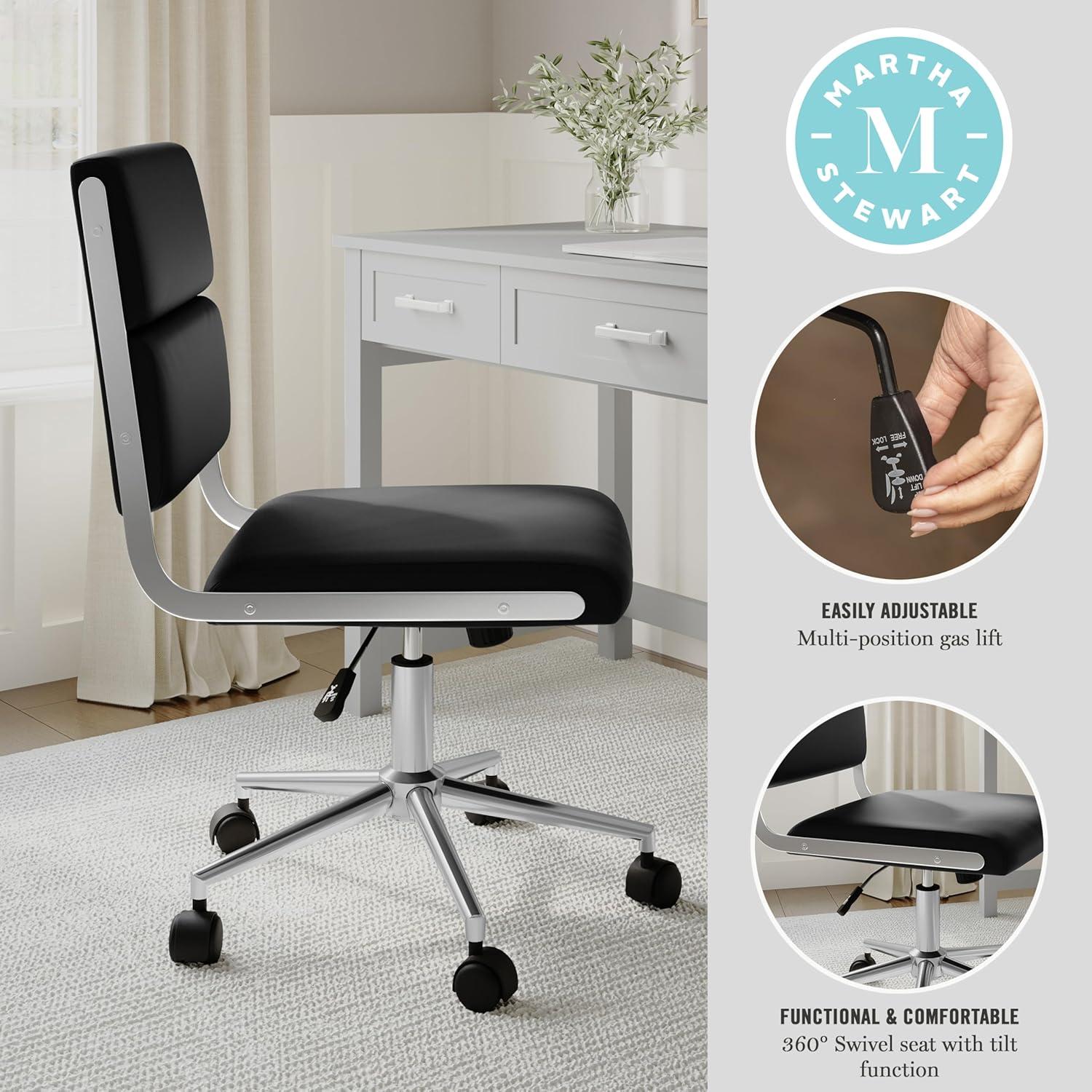 imageMartha Stewart Lulu Swivel Task Chair with Height Adjustable Seat for Home Office in Off White Faux Leather with Polished Brass FrameBlack Faux LeatherPolished Nickel Frame