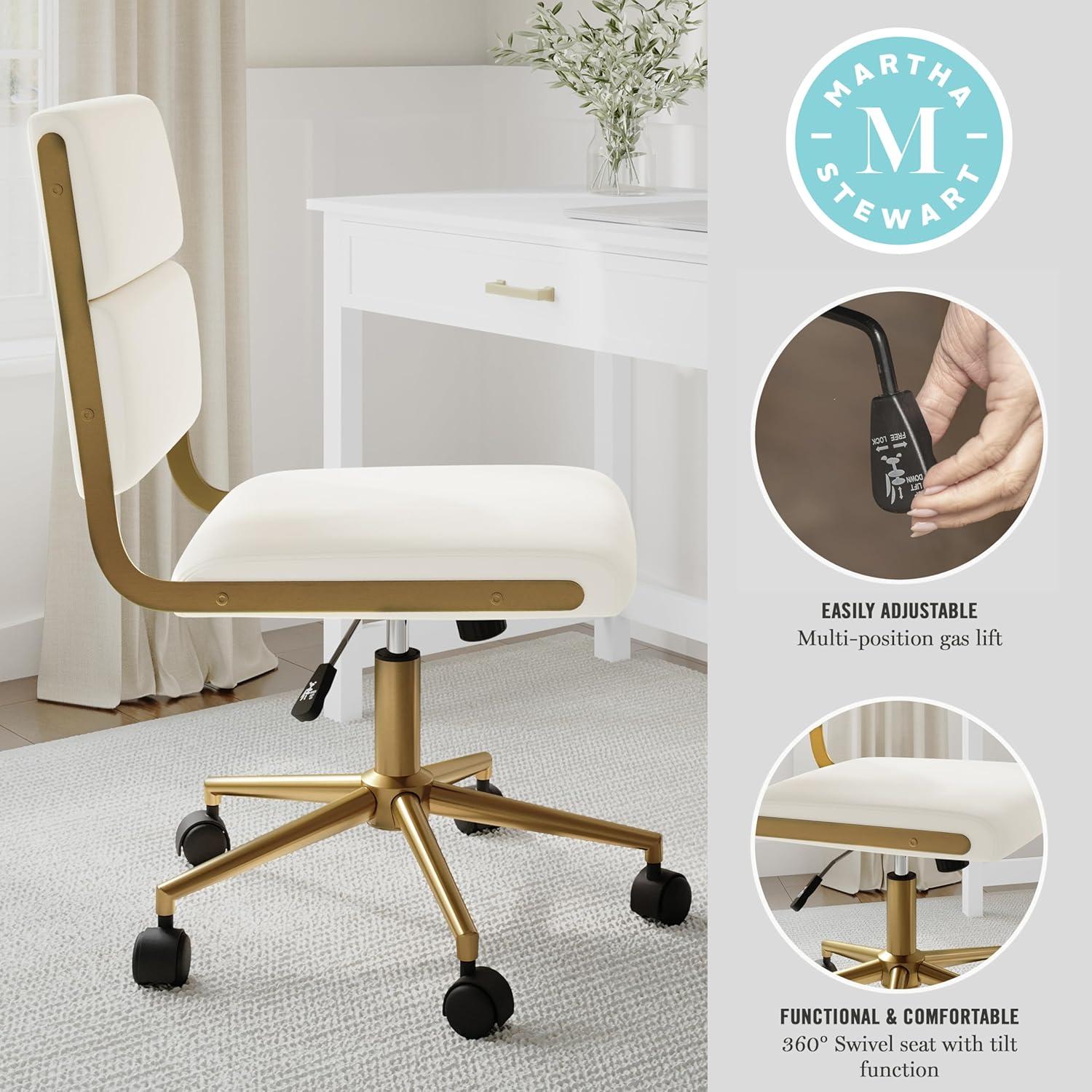 imageMartha Stewart Lulu Swivel Task Chair with Height Adjustable Seat for Home Office in Off White Faux Leather with Polished Brass FrameOff White Faux LeatherPolished Brass Frame