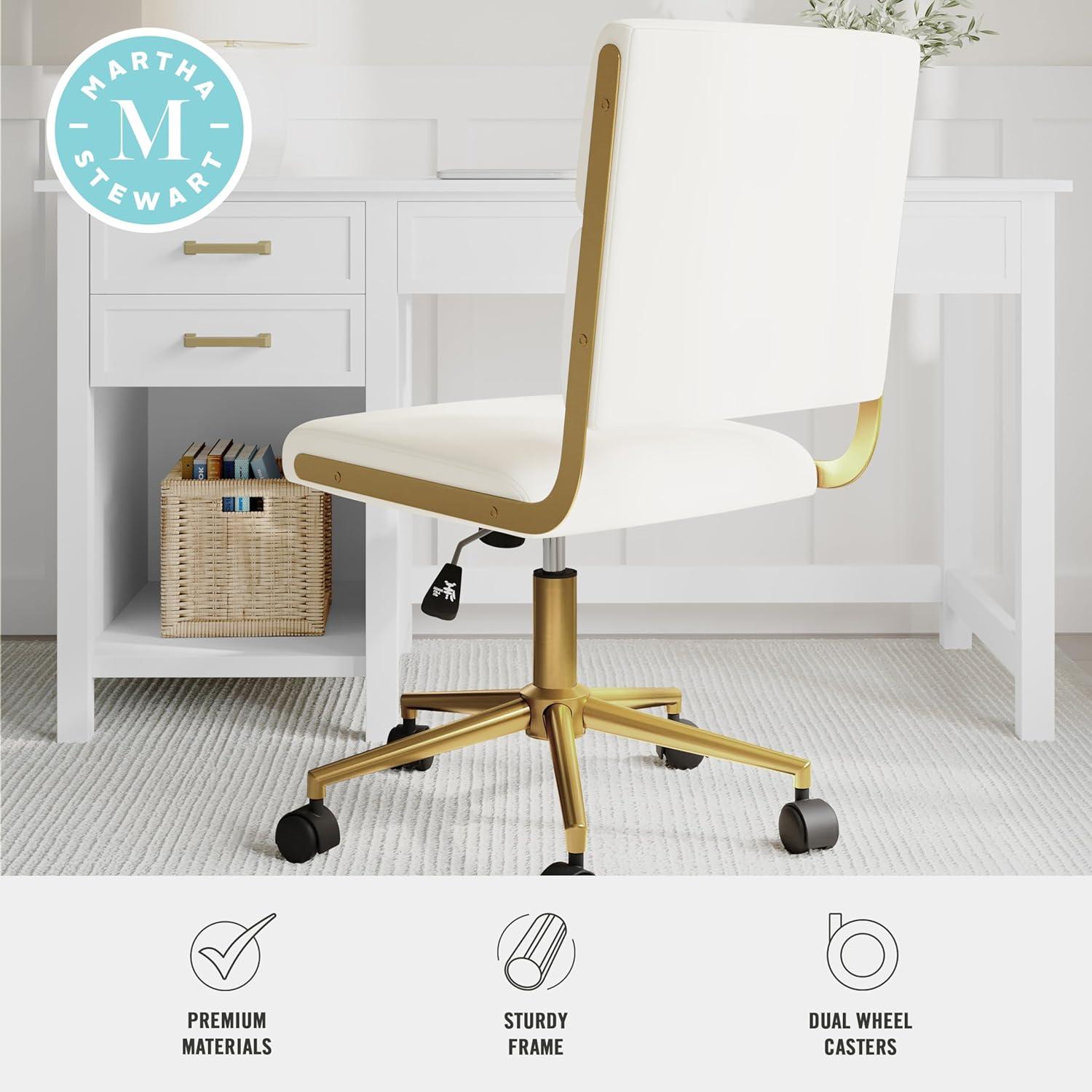 imageMartha Stewart Lulu Swivel Task Chair with Height Adjustable Seat for Home Office in Off White Faux Leather with Polished Brass FrameOff White Faux LeatherPolished Brass Frame