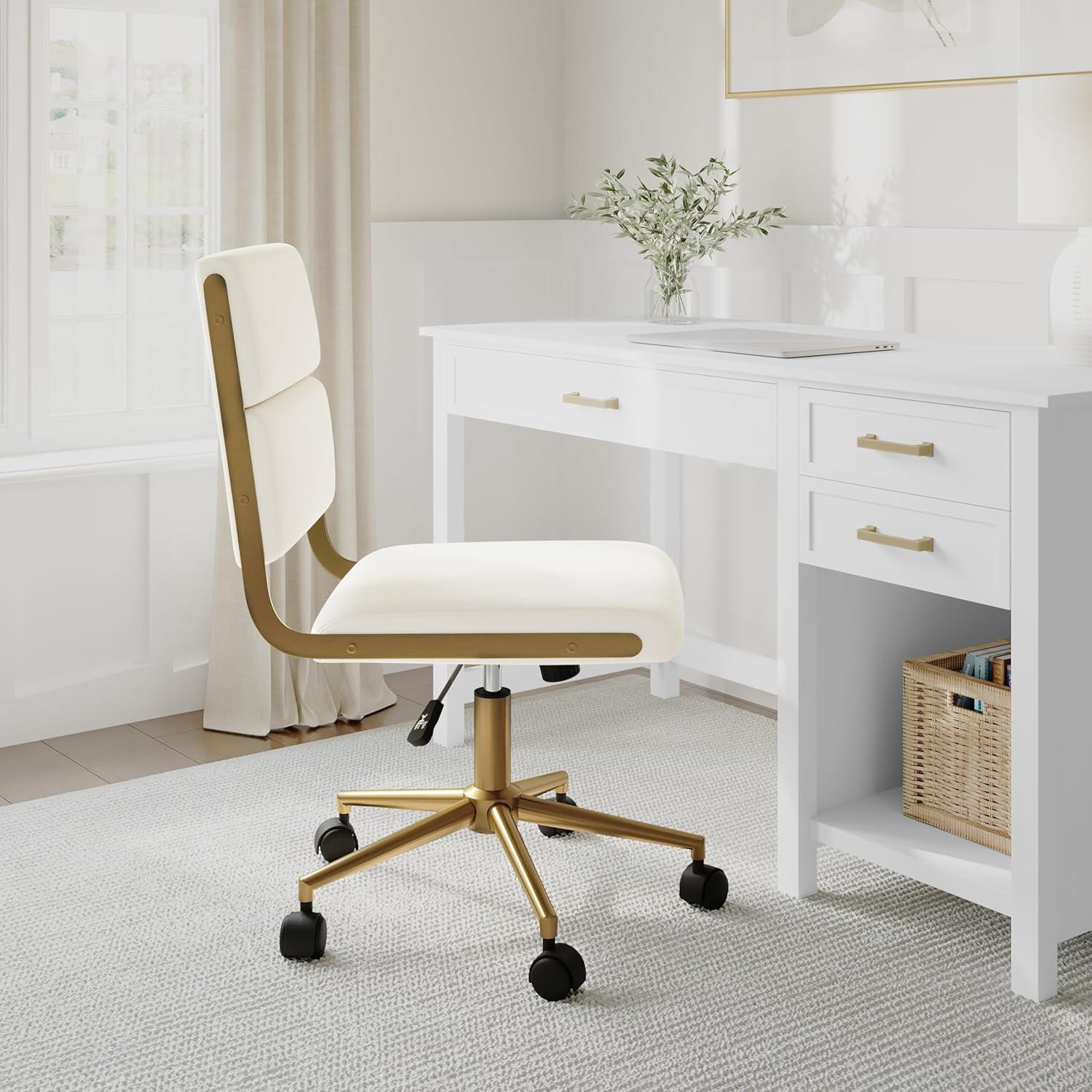 imageMartha Stewart Lulu Swivel Task Chair with Height Adjustable Seat for Home Office in Off White Faux Leather with Polished Brass FrameOff White Faux LeatherPolished Brass Frame