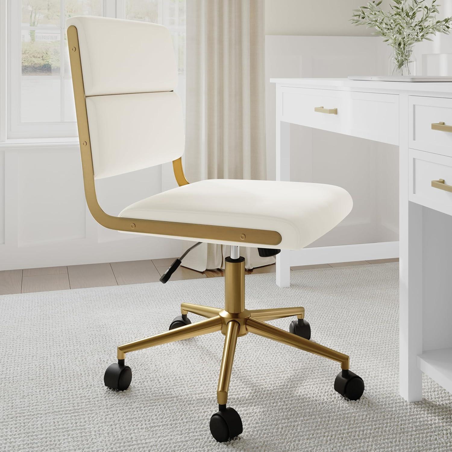 imageMartha Stewart Lulu Swivel Task Chair with Height Adjustable Seat for Home Office in Off White Faux Leather with Polished Brass FrameOff White Faux LeatherPolished Brass Frame