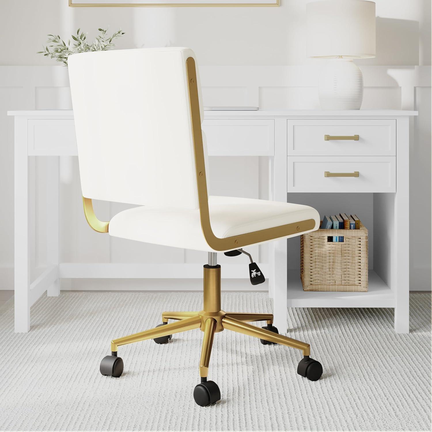 imageMartha Stewart Lulu Swivel Task Chair with Height Adjustable Seat for Home Office in Off White Faux Leather with Polished Brass FrameOff White Faux LeatherPolished Brass Frame