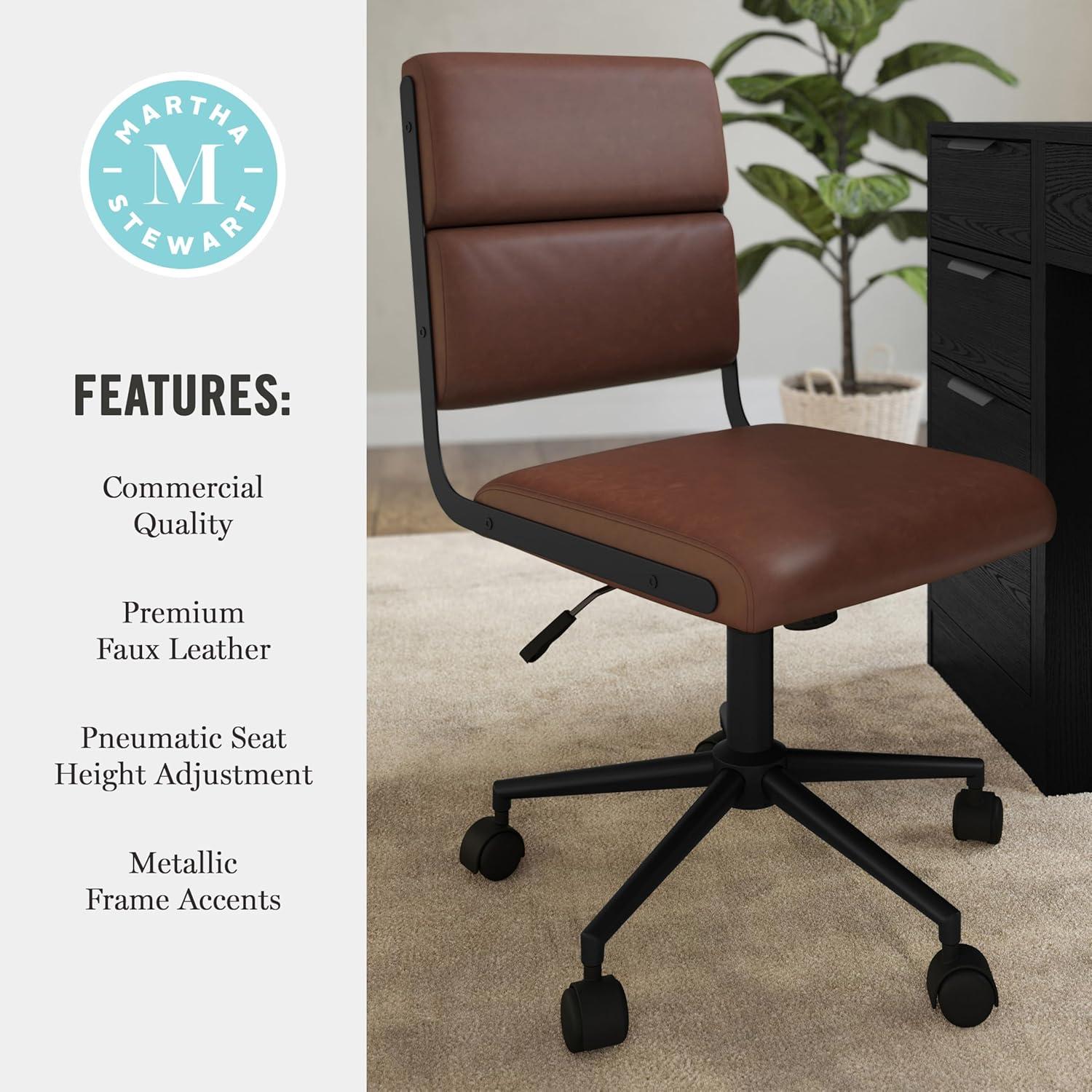imageMartha Stewart Lulu Swivel Task Chair with Height Adjustable Seat for Home Office in Off White Faux Leather with Polished Brass FrameSaddle Brown Faux LeatherOil Rubbed Bronze Frame
