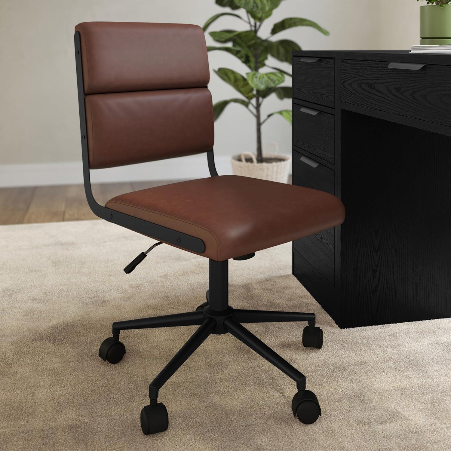 imageMartha Stewart Lulu Swivel Task Chair with Height Adjustable Seat for Home Office in Off White Faux Leather with Polished Brass FrameSaddle Brown Faux LeatherOil Rubbed Bronze Frame