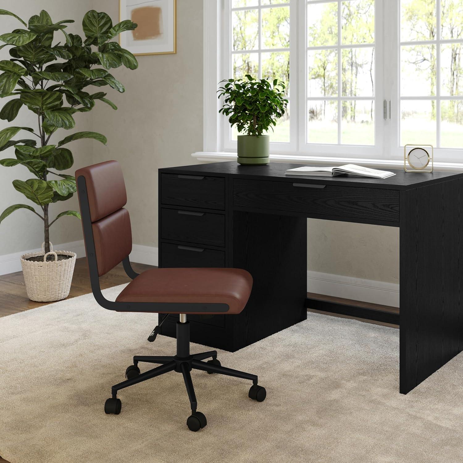 imageMartha Stewart Lulu Swivel Task Chair with Height Adjustable Seat for Home Office in Off White Faux Leather with Polished Brass FrameSaddle Brown Faux LeatherOil Rubbed Bronze Frame