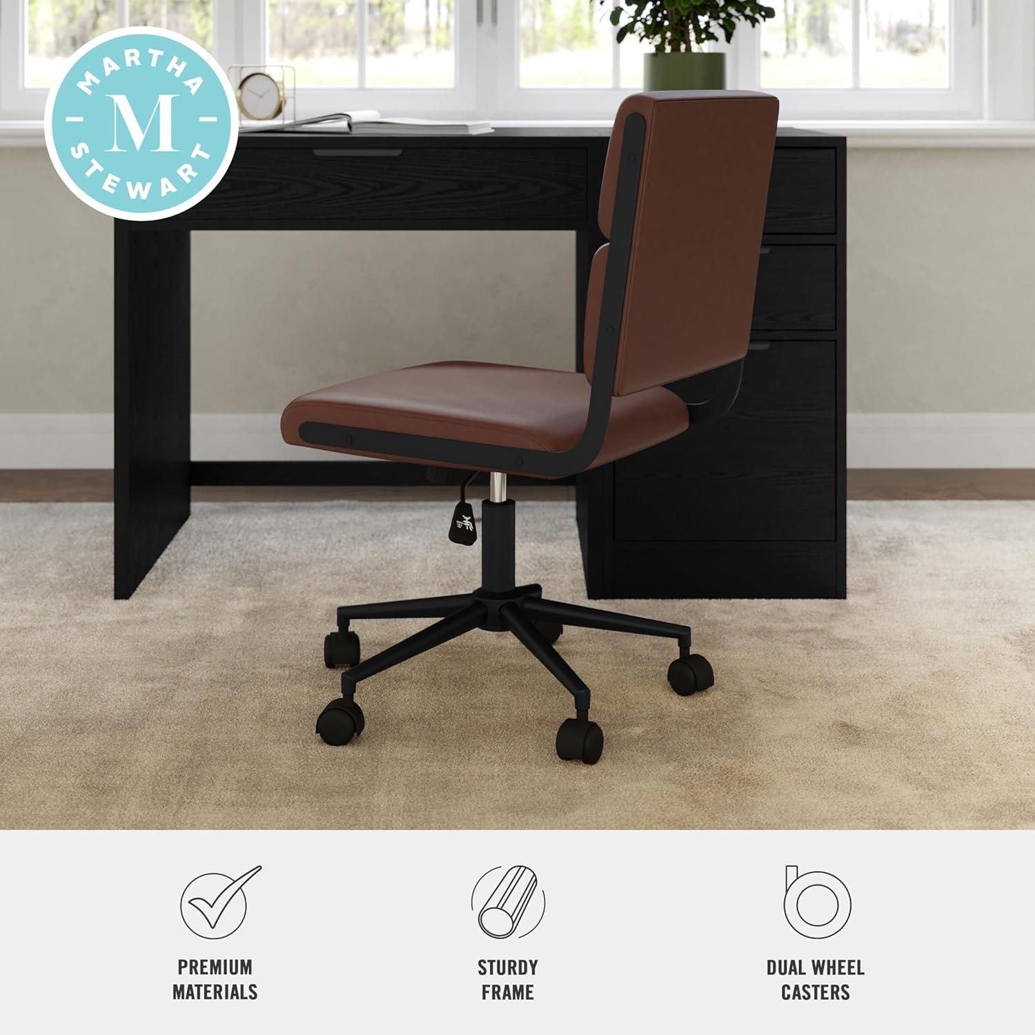 imageMartha Stewart Lulu Swivel Task Chair with Height Adjustable Seat for Home Office in Off White Faux Leather with Polished Brass FrameSaddle Brown Faux LeatherOil Rubbed Bronze Frame