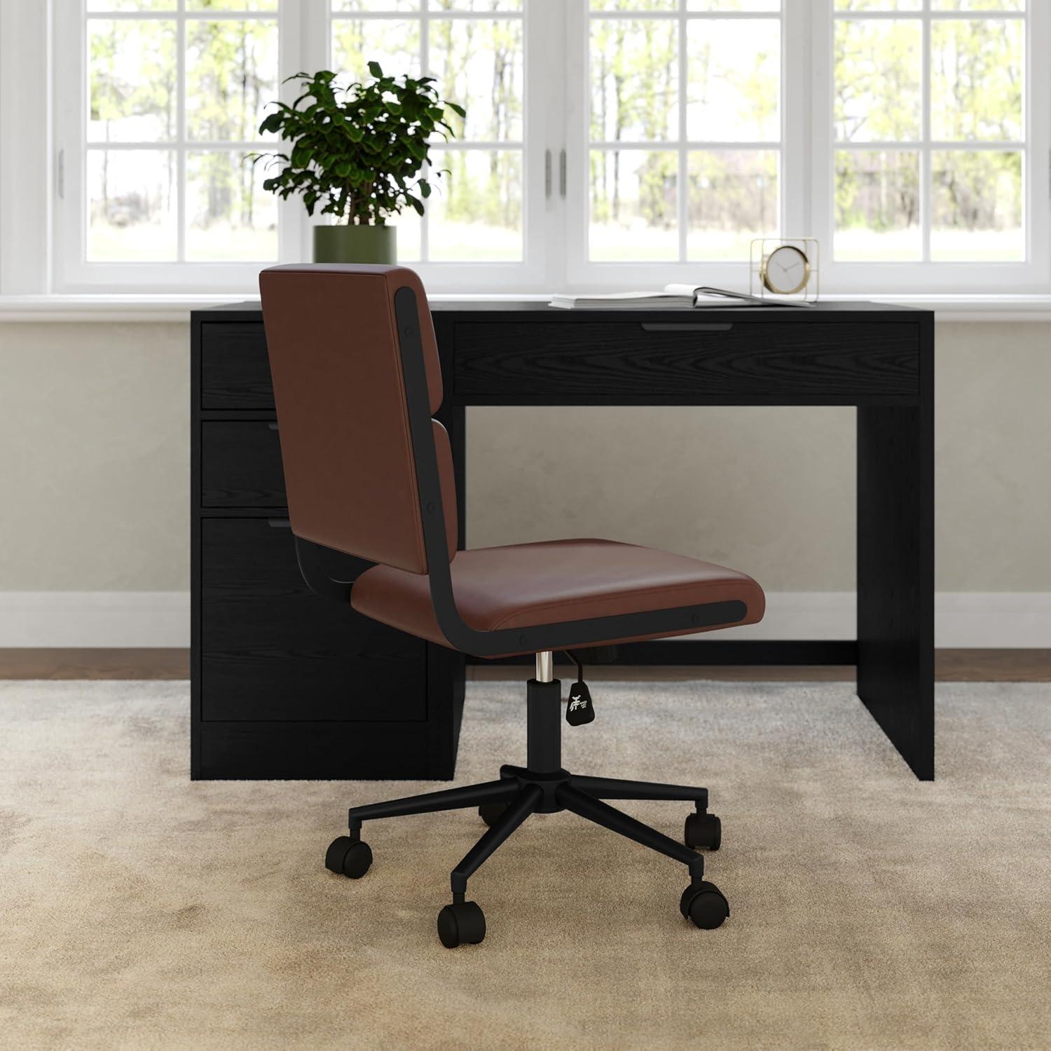 imageMartha Stewart Lulu Swivel Task Chair with Height Adjustable Seat for Home Office in Off White Faux Leather with Polished Brass FrameSaddle Brown Faux LeatherOil Rubbed Bronze Frame