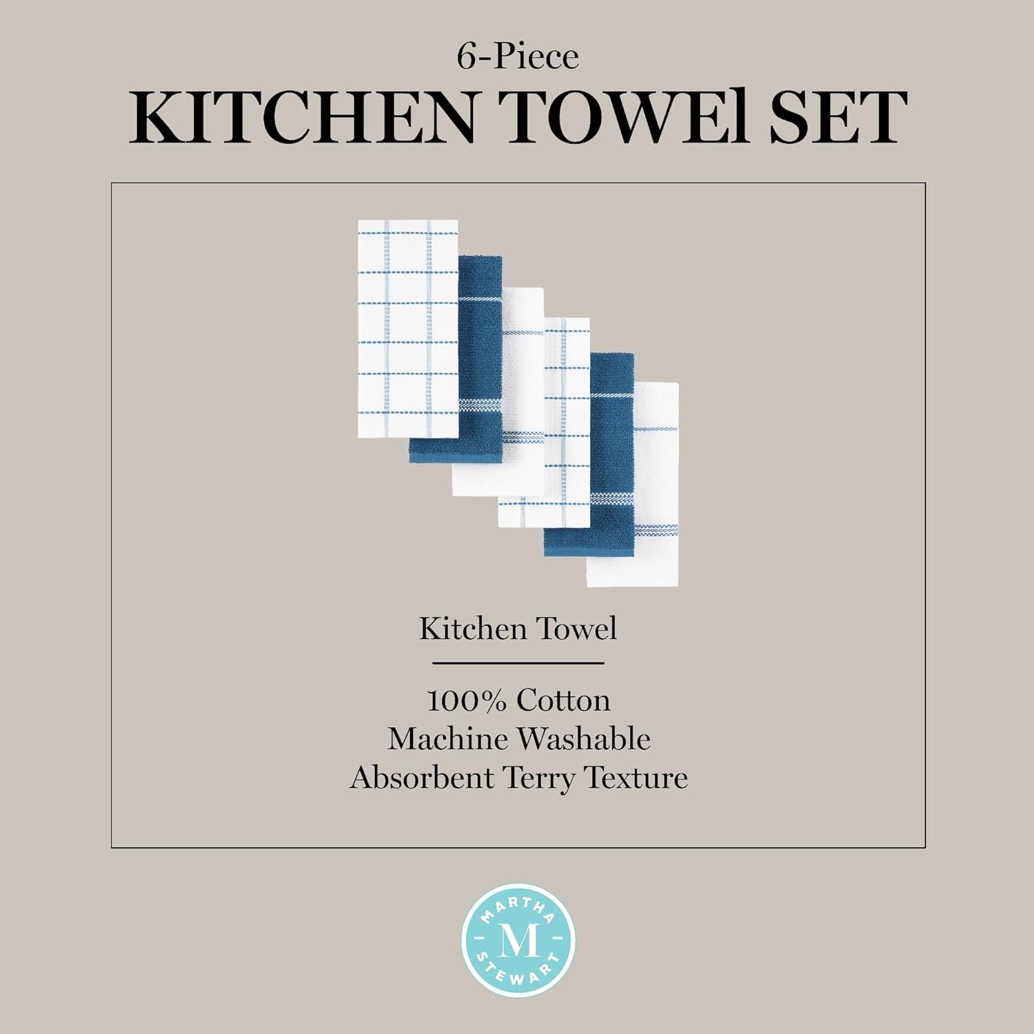 imageMartha Stewart Modern Waffle Kitchen Towel Set 6Pack Aqua Blue 16x28Navy Blue