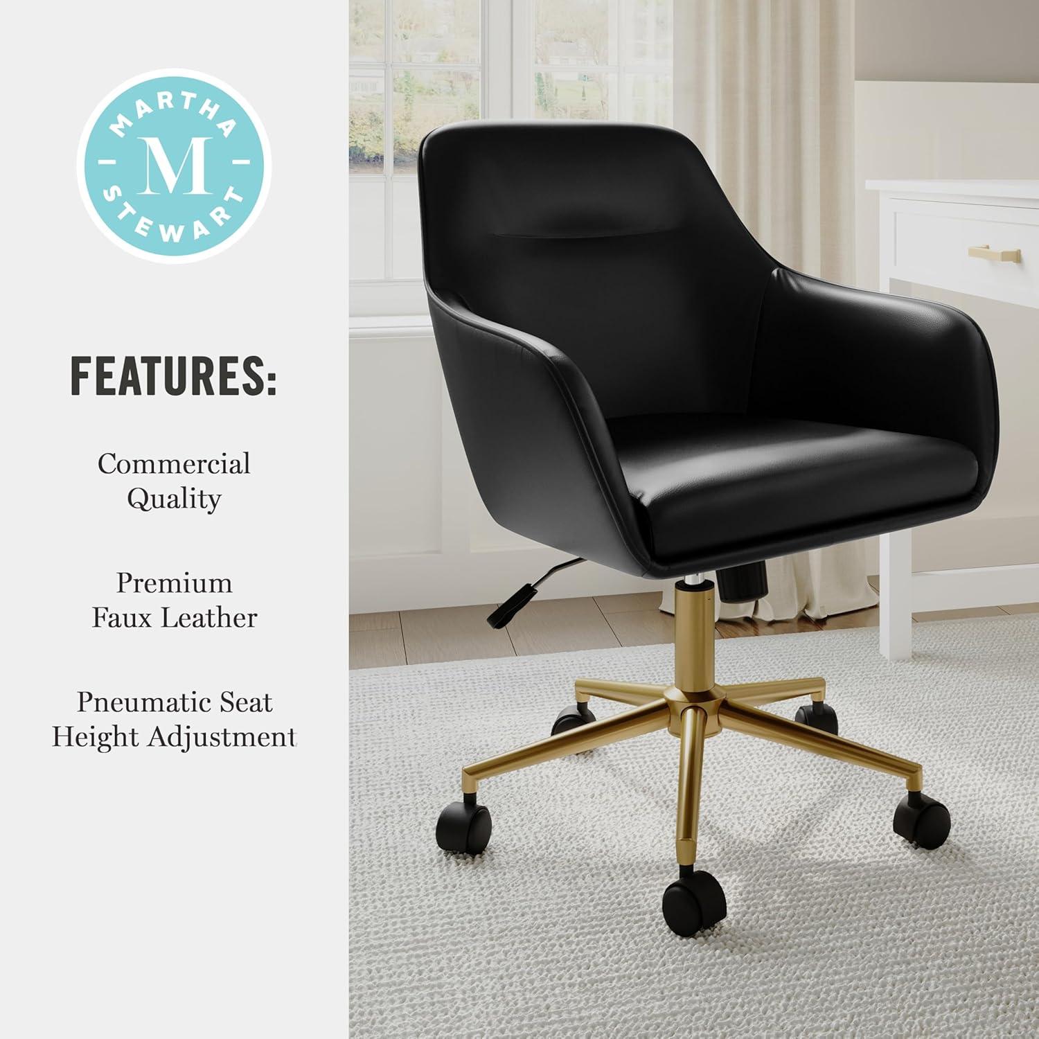 imageMartha Stewart Rayna Swivel Task Chair with Flared Arms for Home Office in Off White Fabric with Polished Brass FrameBlack Faux LeatherPolished Brass Frame