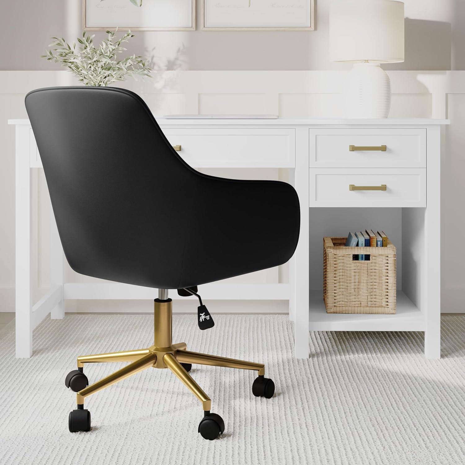 imageMartha Stewart Rayna Swivel Task Chair with Flared Arms for Home Office in Off White Fabric with Polished Brass FrameBlack Faux LeatherPolished Brass Frame