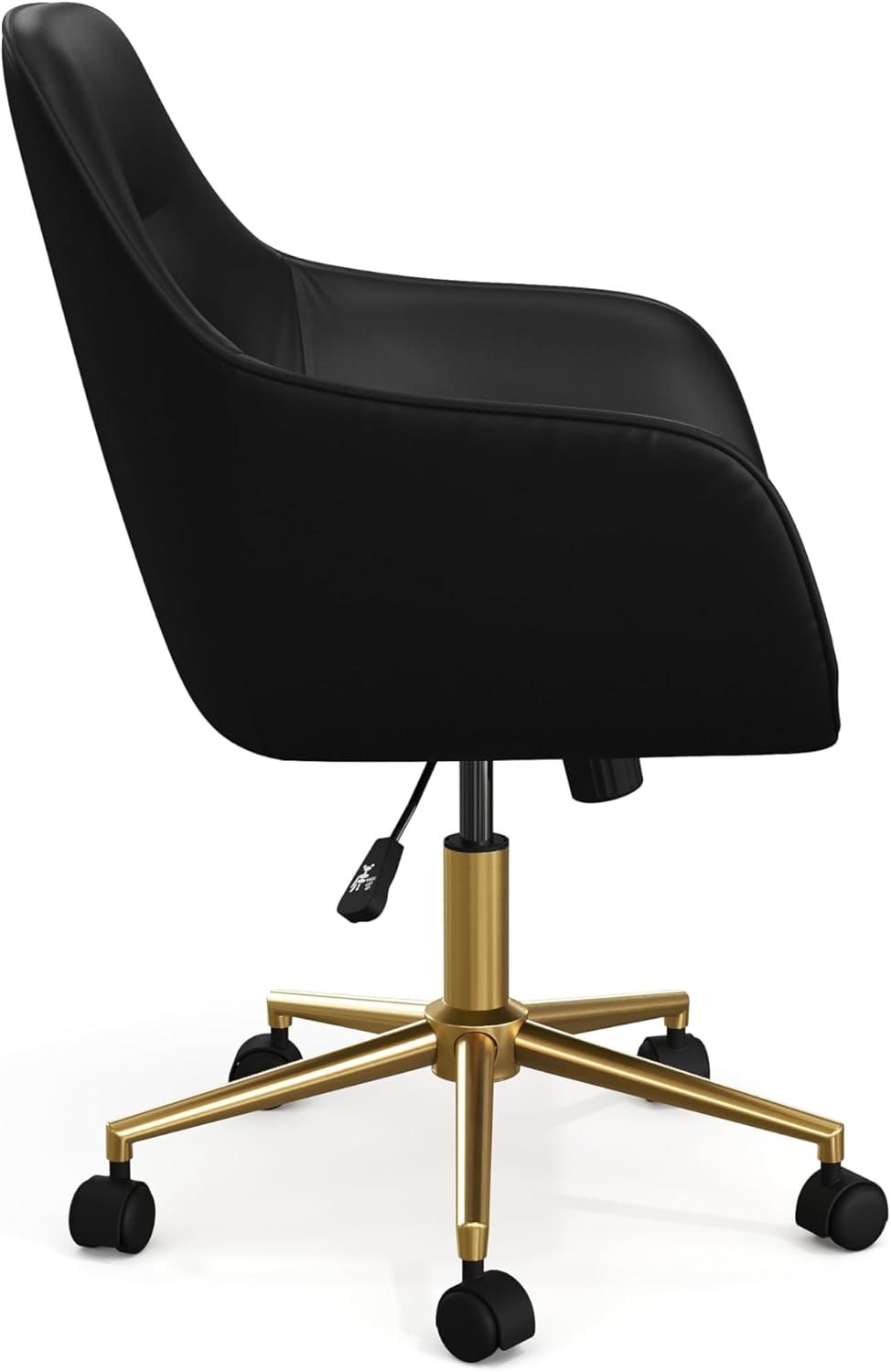 imageMartha Stewart Rayna Swivel Task Chair with Flared Arms for Home Office in Off White Fabric with Polished Brass FrameBlack Faux LeatherPolished Brass Frame