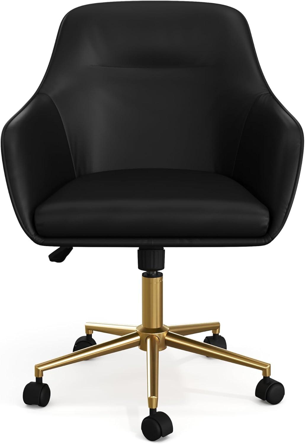 imageMartha Stewart Rayna Swivel Task Chair with Flared Arms for Home Office in Off White Fabric with Polished Brass FrameBlack Faux LeatherPolished Brass Frame