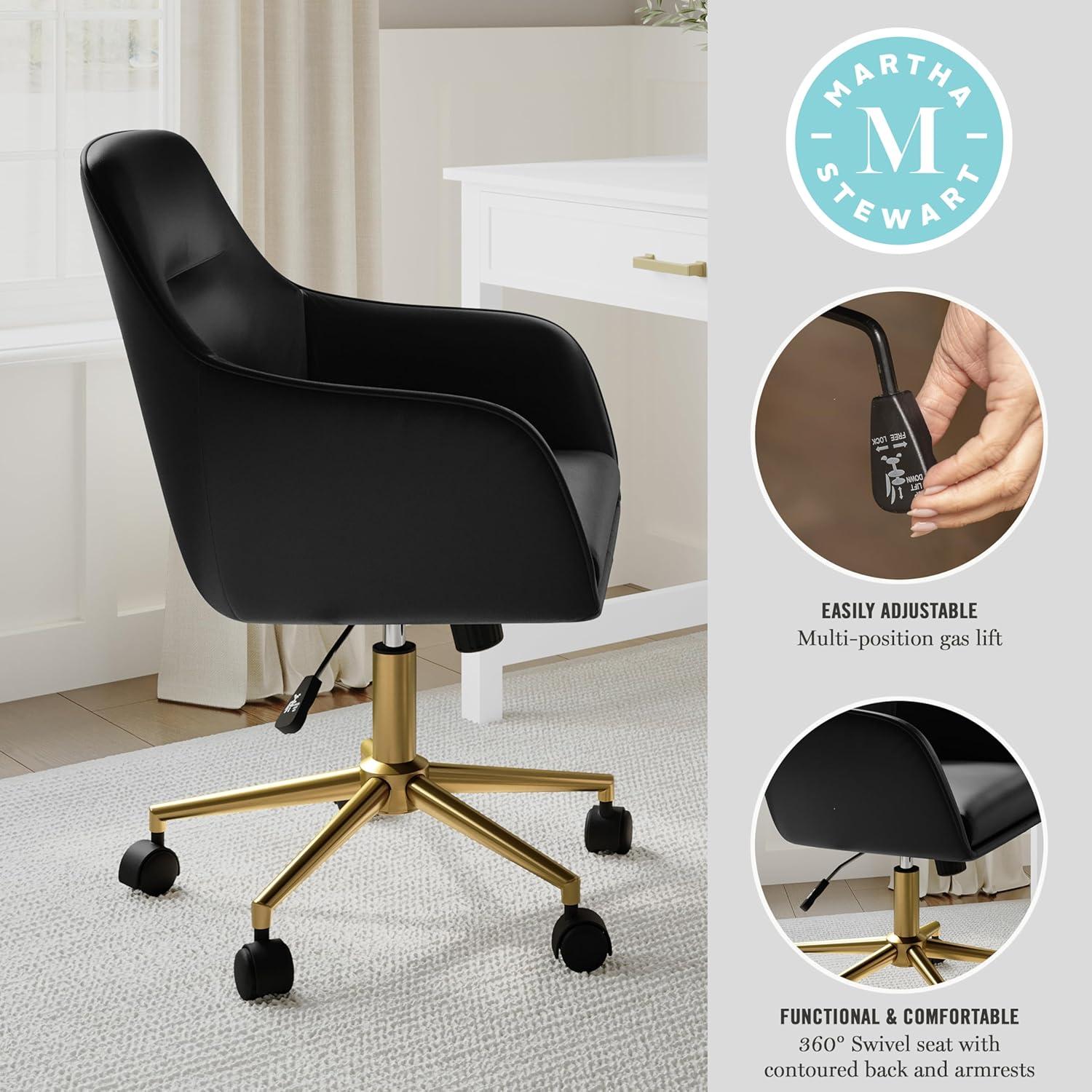 imageMartha Stewart Rayna Swivel Task Chair with Flared Arms for Home Office in Off White Fabric with Polished Brass FrameBlack Faux LeatherPolished Brass Frame