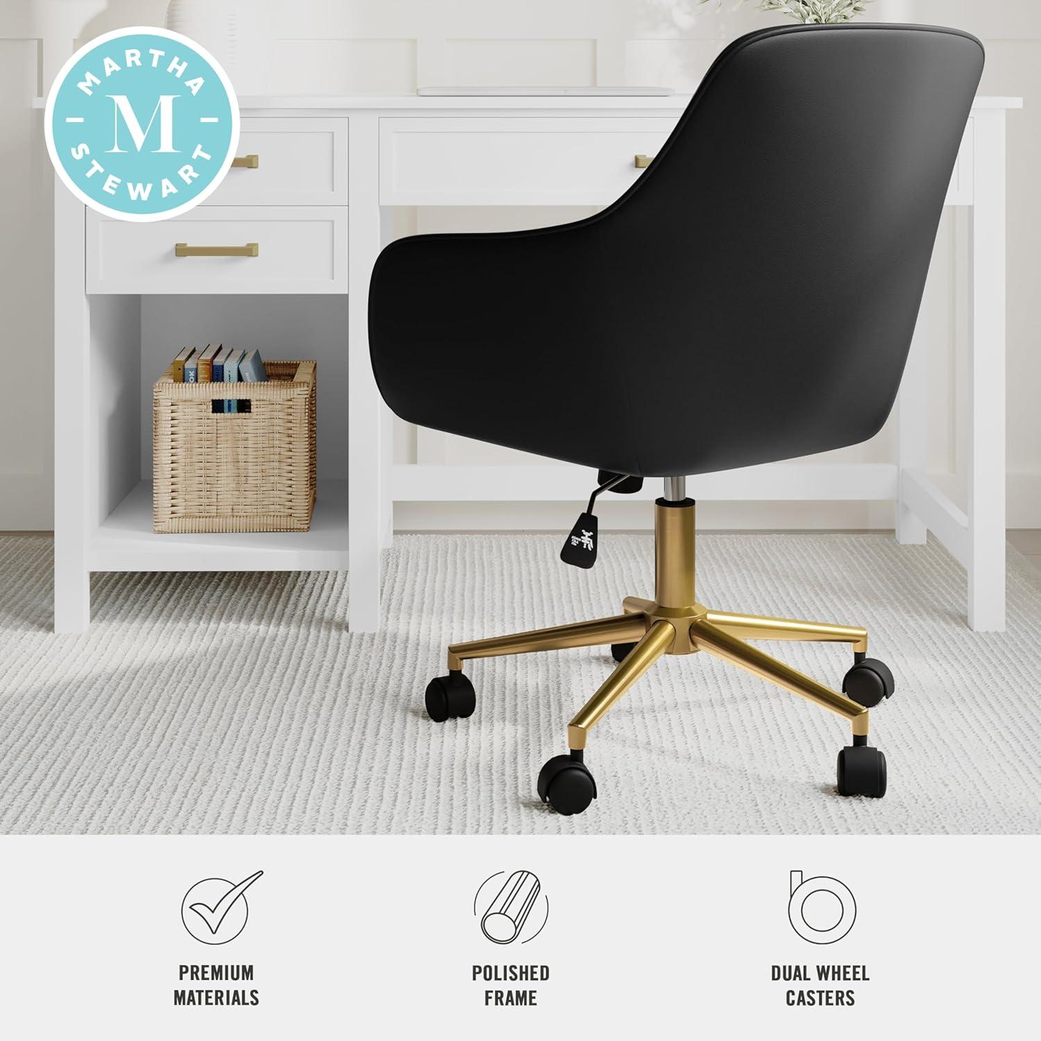 imageMartha Stewart Rayna Swivel Task Chair with Flared Arms for Home Office in Off White Fabric with Polished Brass FrameBlack Faux LeatherPolished Brass Frame