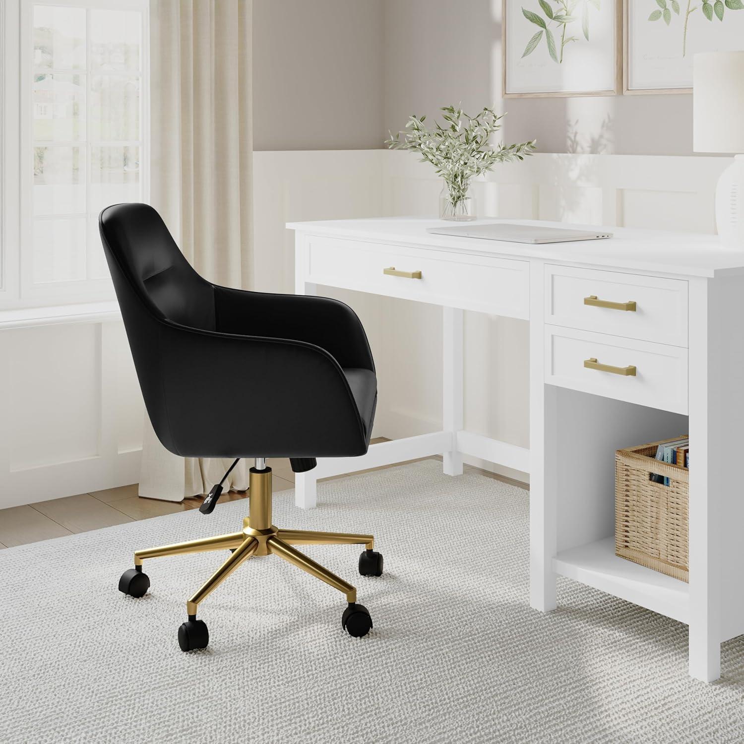 imageMartha Stewart Rayna Swivel Task Chair with Flared Arms for Home Office in Off White Fabric with Polished Brass FrameBlack Faux LeatherPolished Brass Frame
