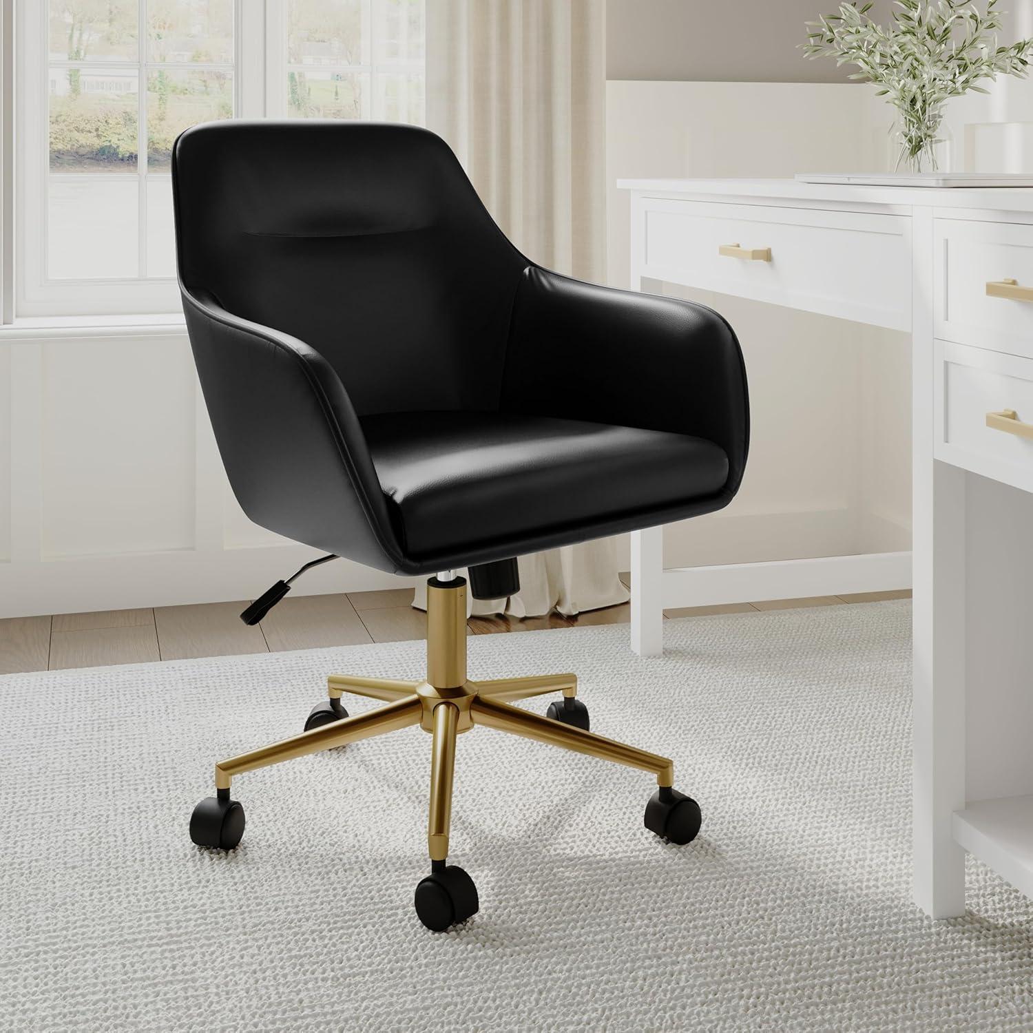 imageMartha Stewart Rayna Swivel Task Chair with Flared Arms for Home Office in Off White Fabric with Polished Brass FrameBlack Faux LeatherPolished Brass Frame