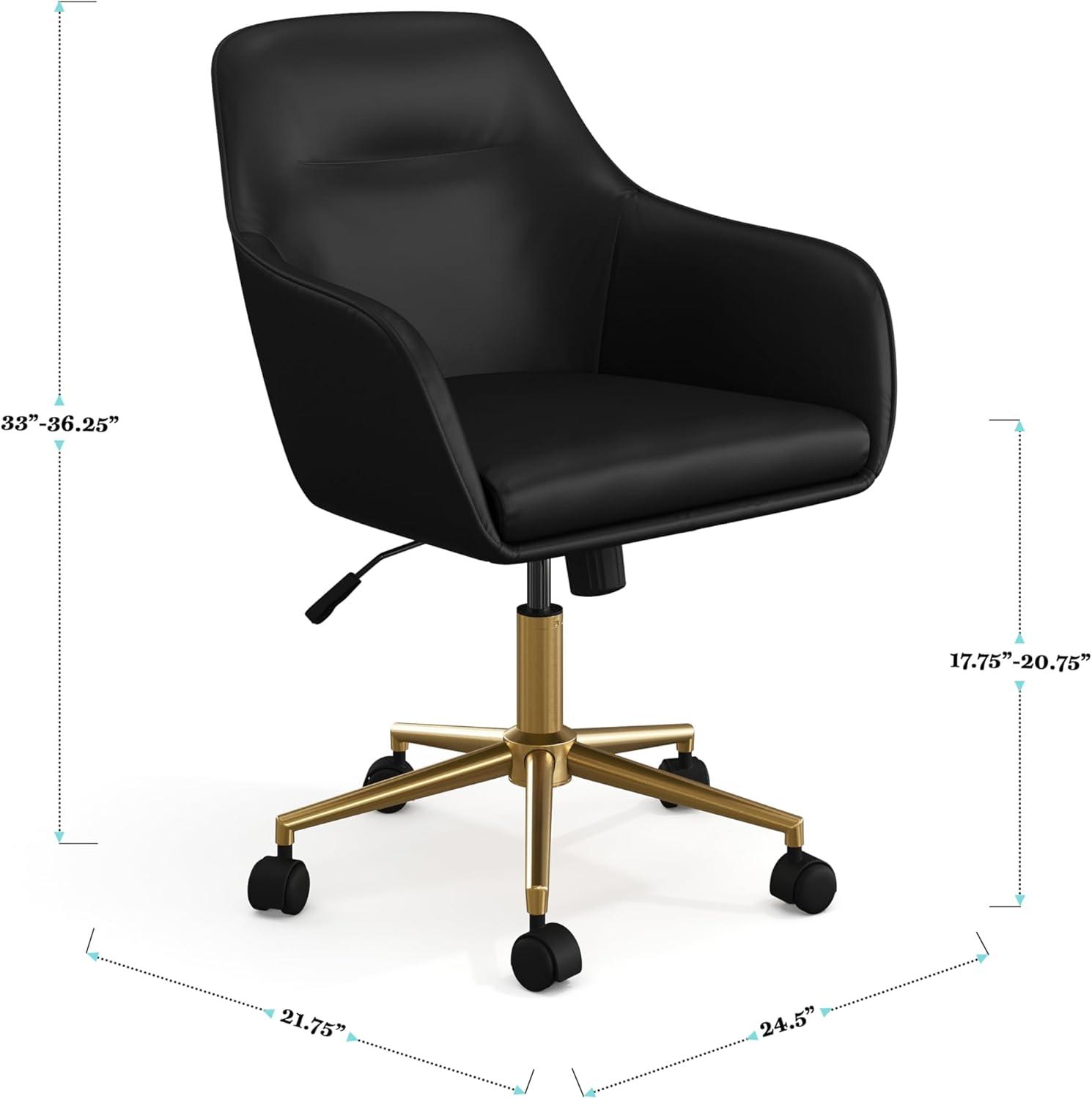 imageMartha Stewart Rayna Swivel Task Chair with Flared Arms for Home Office in Off White Fabric with Polished Brass FrameBlack Faux LeatherPolished Brass Frame