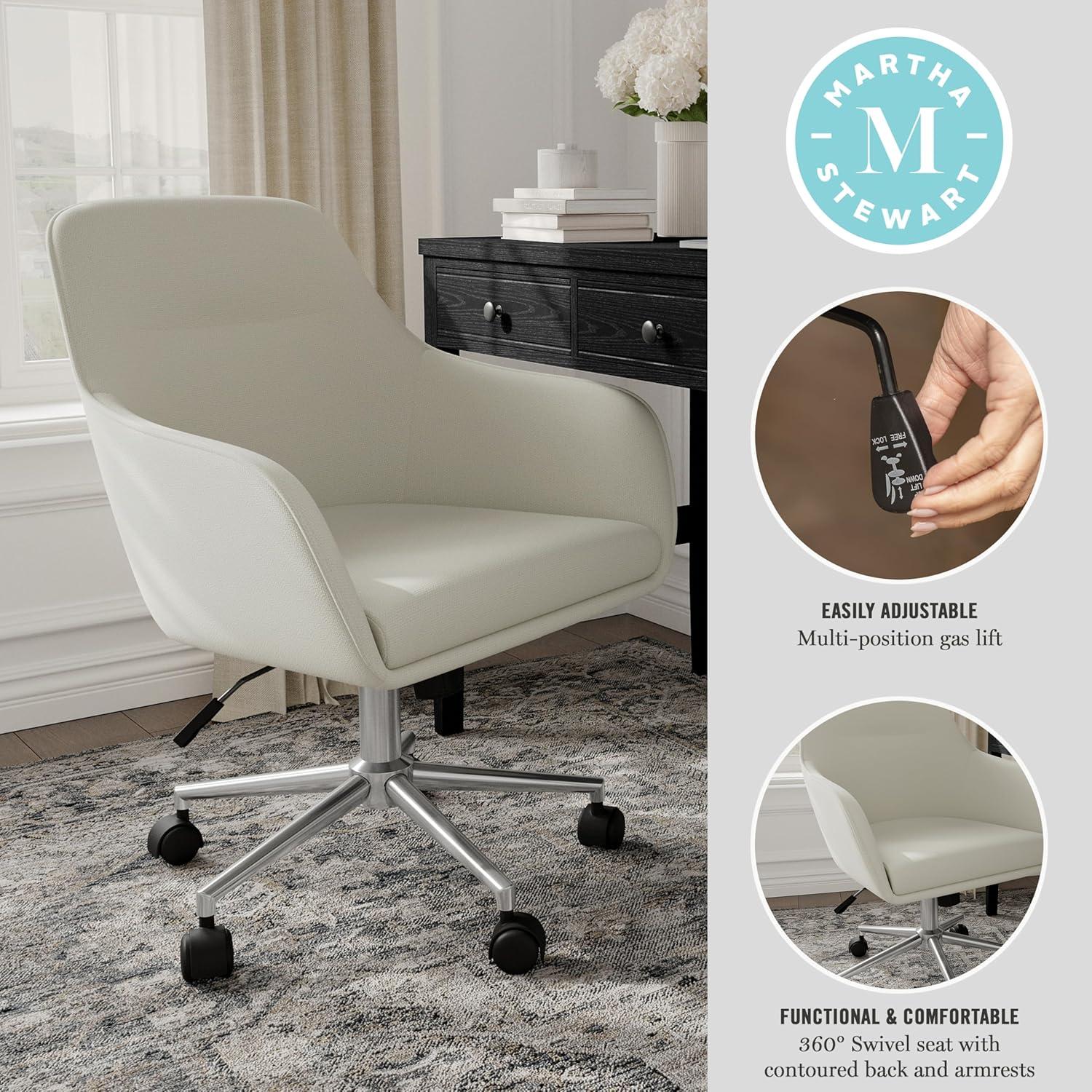 imageMartha Stewart Rayna Swivel Task Chair with Flared Arms for Home Office in Off White Fabric with Polished Brass FrameLight Gray FabricPolished Nickel Frame