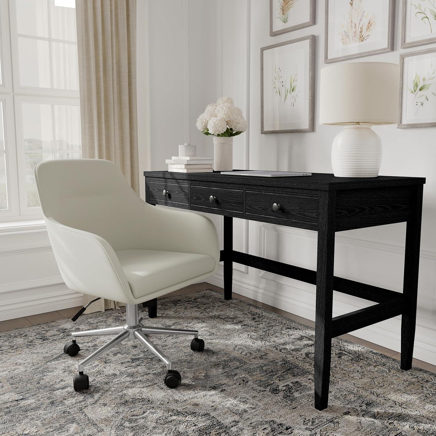 imageMartha Stewart Rayna Swivel Task Chair with Flared Arms for Home Office in Off White Fabric with Polished Brass FrameLight Gray FabricPolished Nickel Frame