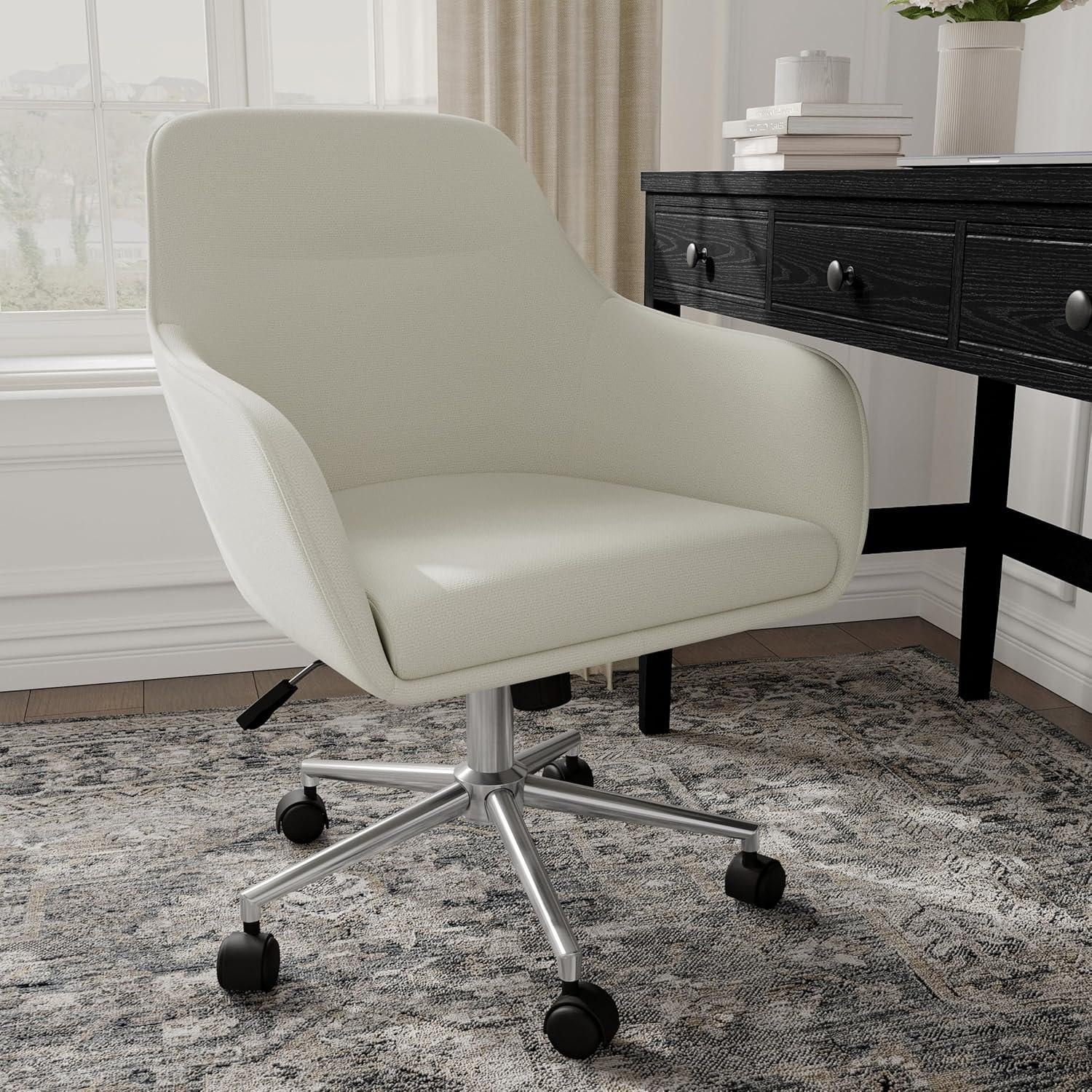 imageMartha Stewart Rayna Swivel Task Chair with Flared Arms for Home Office in Off White Fabric with Polished Brass FrameLight Gray FabricPolished Nickel Frame